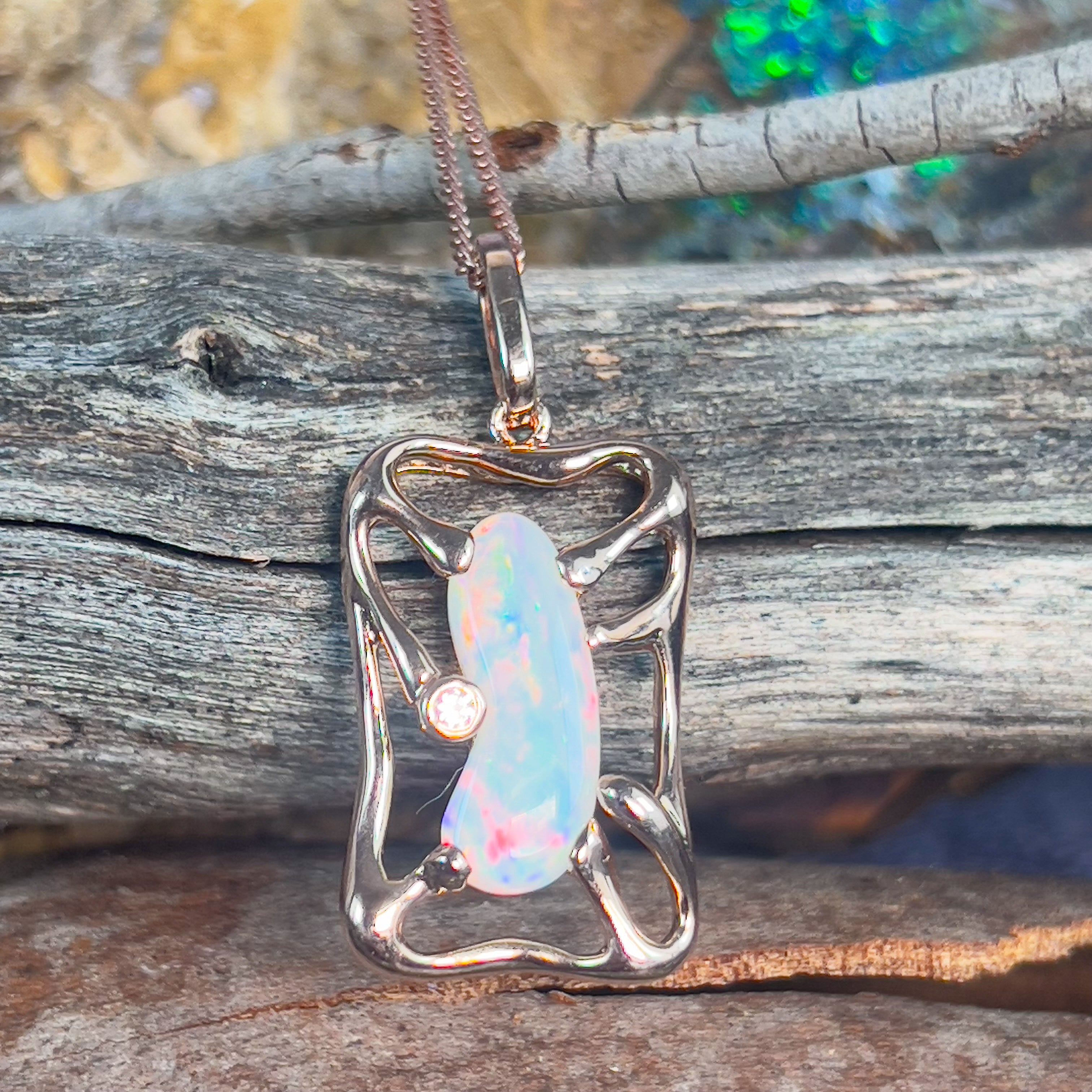 Rose Gold plated Sterling Silver Light Opal freeform pendant rectangular - Masterpiece Jewellery Opal & Gems Sydney Australia | Online Shop