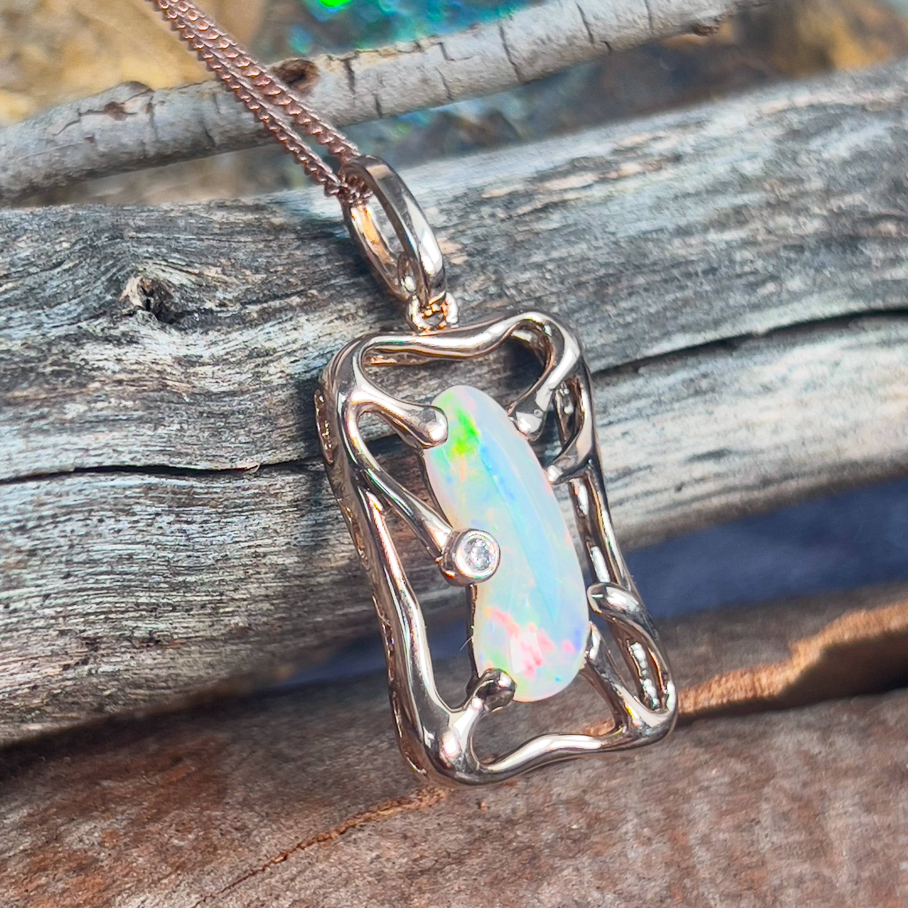 Rose Gold plated Sterling Silver Light Opal freeform pendant rectangular - Masterpiece Jewellery Opal & Gems Sydney Australia | Online Shop