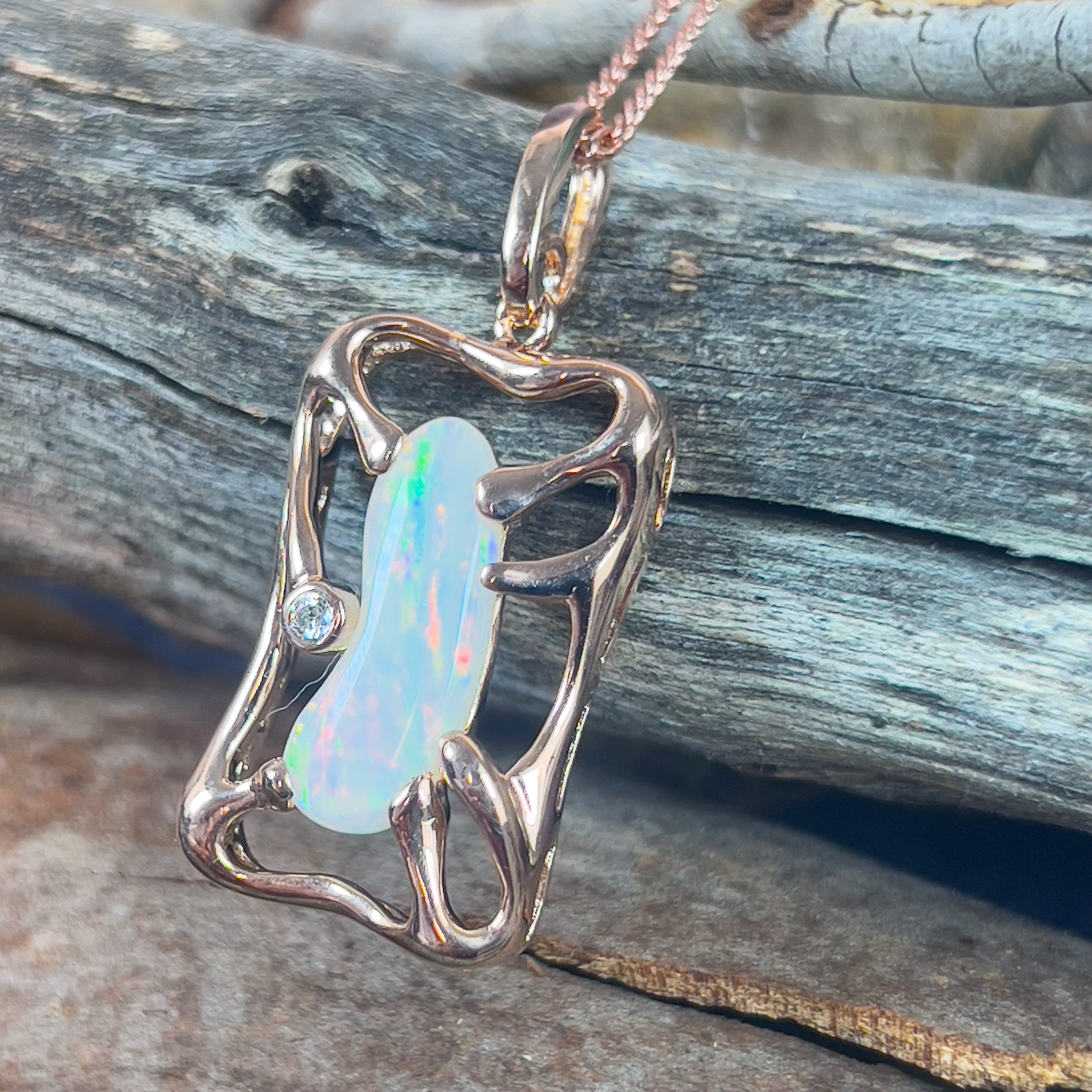 Rose Gold plated Sterling Silver Light Opal freeform pendant rectangular - Masterpiece Jewellery Opal & Gems Sydney Australia | Online Shop