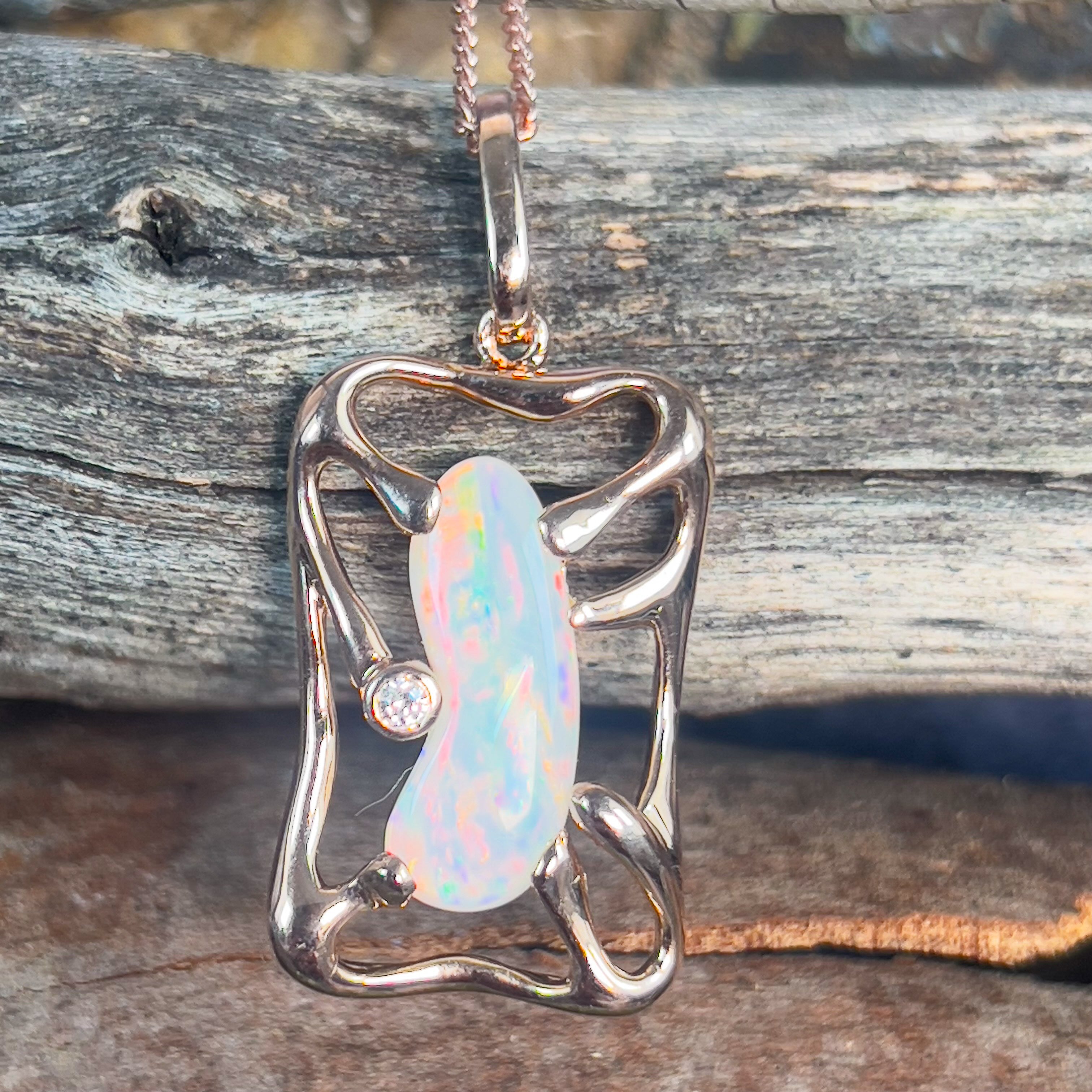 Rose Gold plated Sterling Silver Light Opal freeform pendant rectangular - Masterpiece Jewellery Opal & Gems Sydney Australia | Online Shop