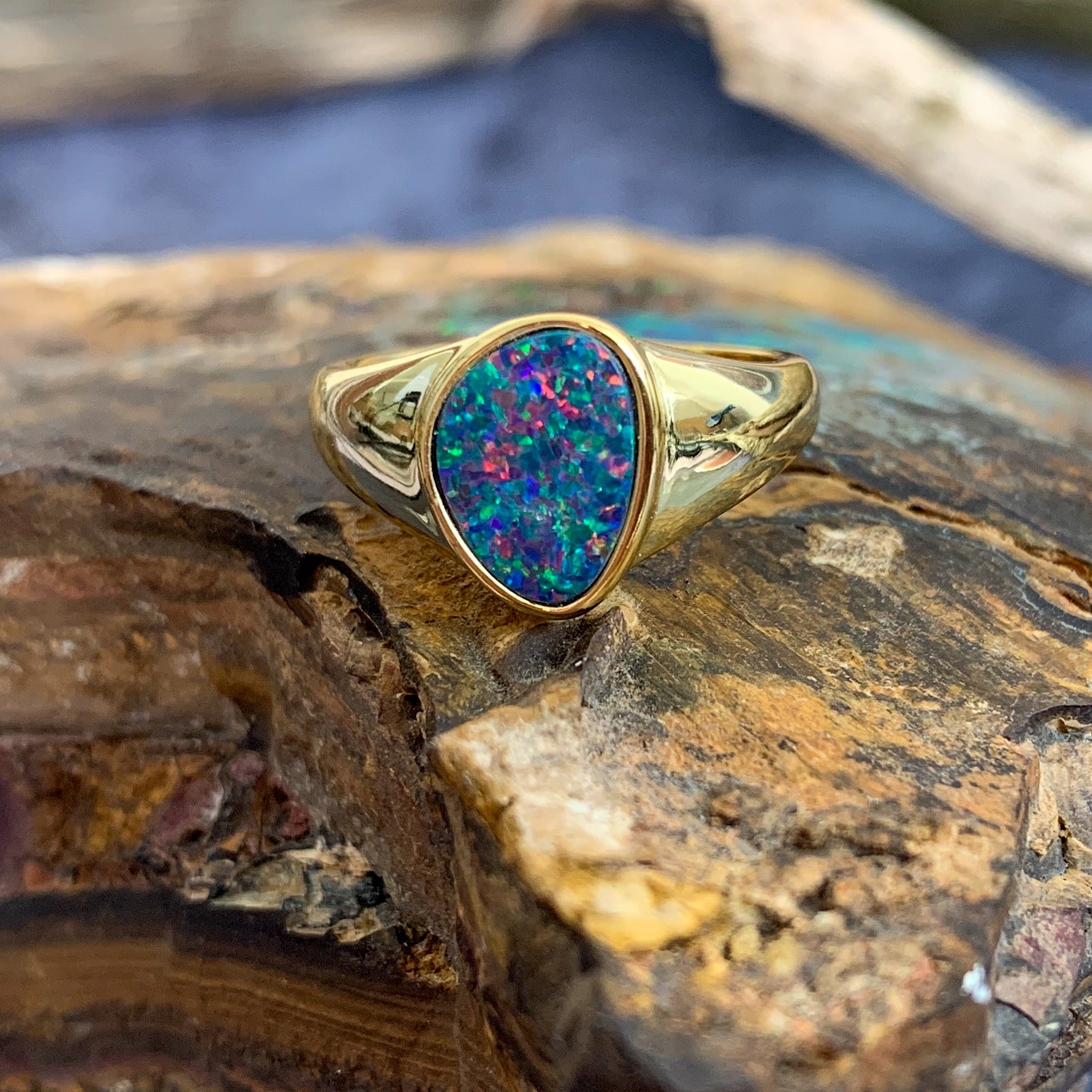 Gold Plated Silver solitaire band Opal doublet ring - Masterpiece Jewellery Opal & Gems Sydney Australia | Online Shop