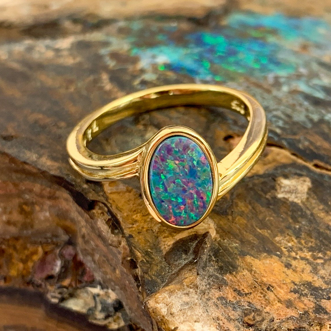 Gold plated silver Opal doublet solitaire cross over ring - Masterpiece Jewellery Opal & Gems Sydney Australia | Online Shop