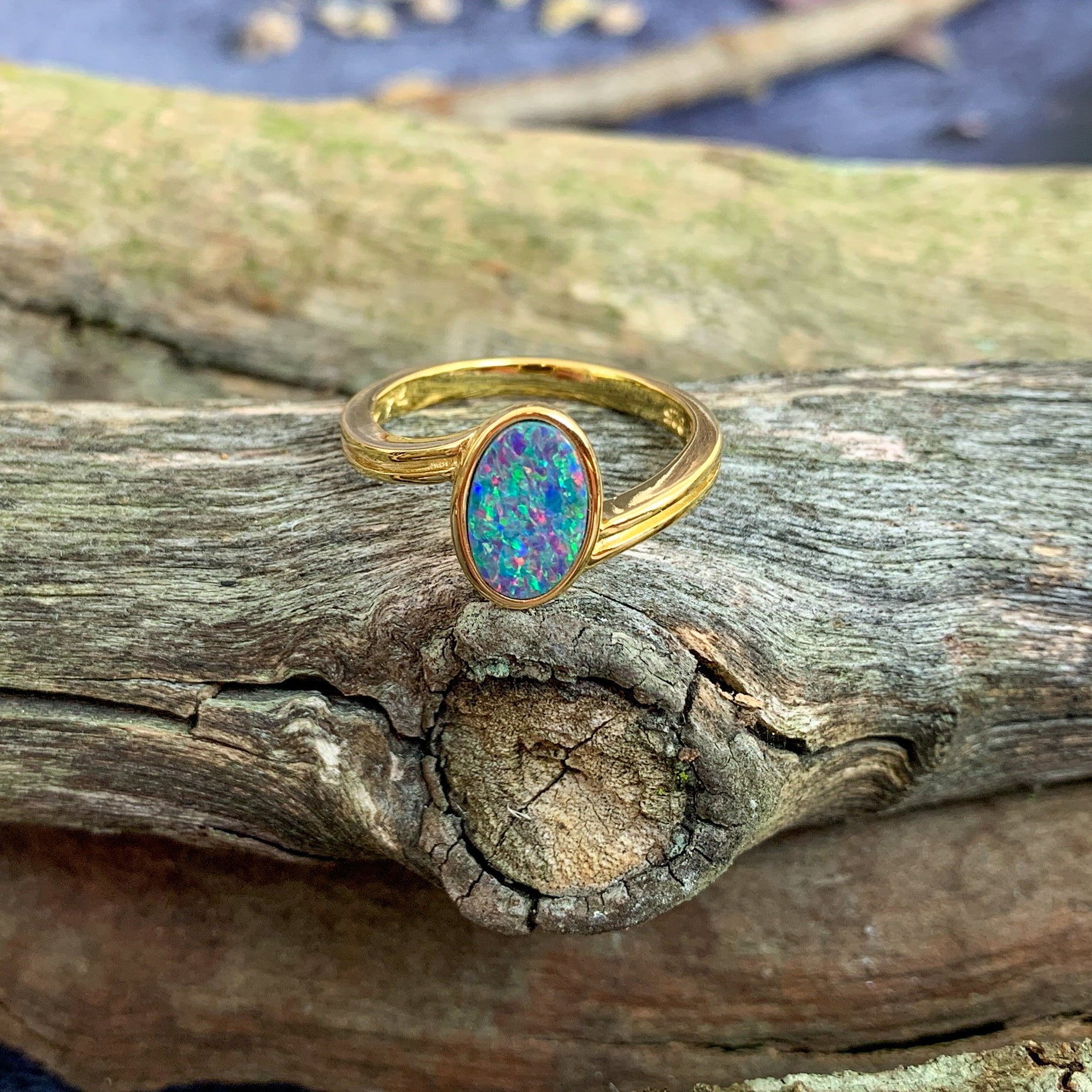 Gold plated silver Opal doublet solitaire cross over ring - Masterpiece Jewellery Opal & Gems Sydney Australia | Online Shop