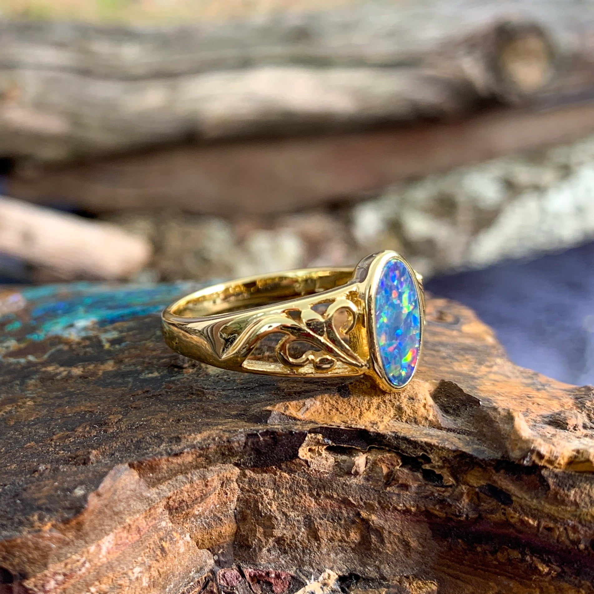 Gold plated silver Opal doublet patterned ring - Masterpiece Jewellery Opal & Gems Sydney Australia | Online Shop