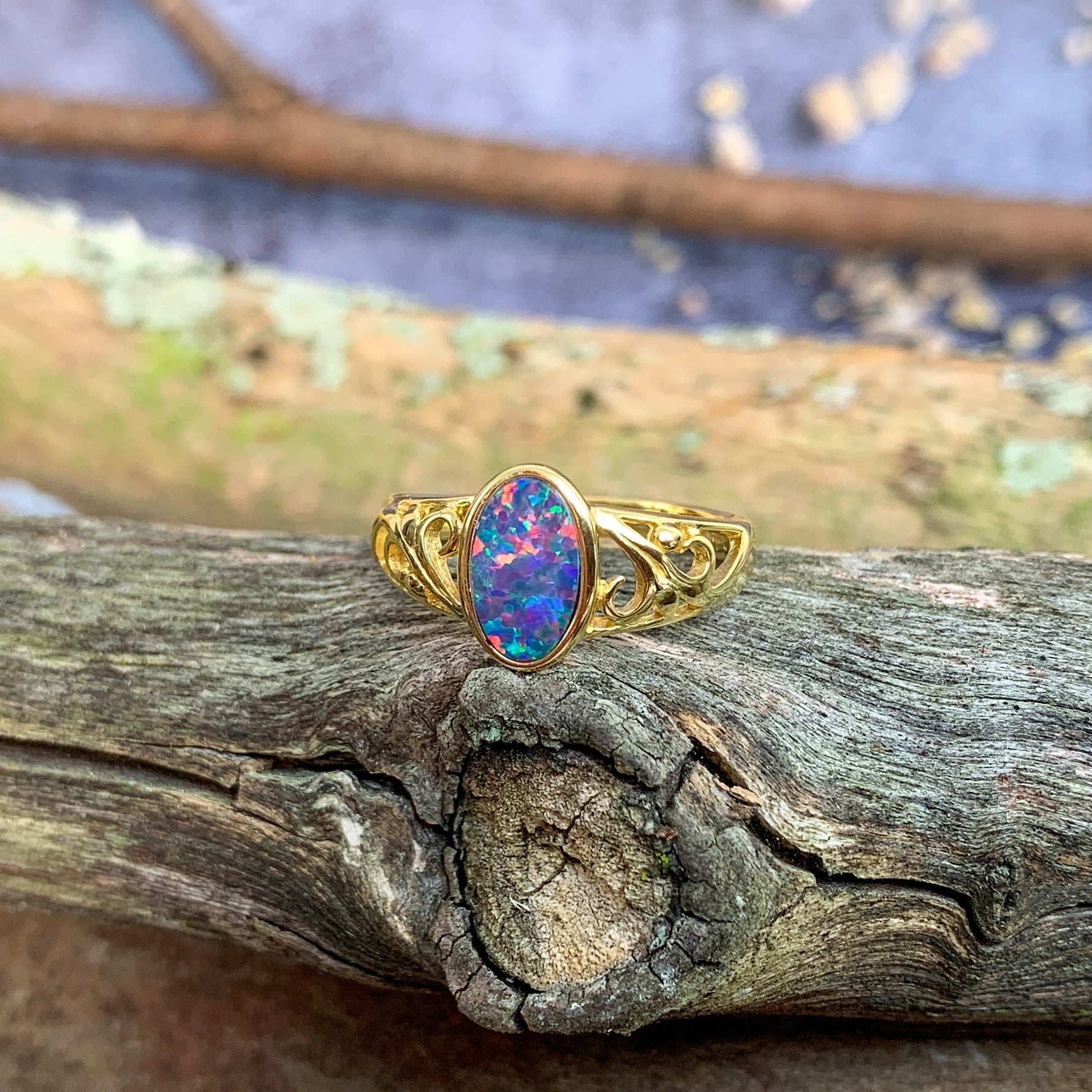 Gold plated silver Opal doublet patterned ring - Masterpiece Jewellery Opal & Gems Sydney Australia | Online Shop