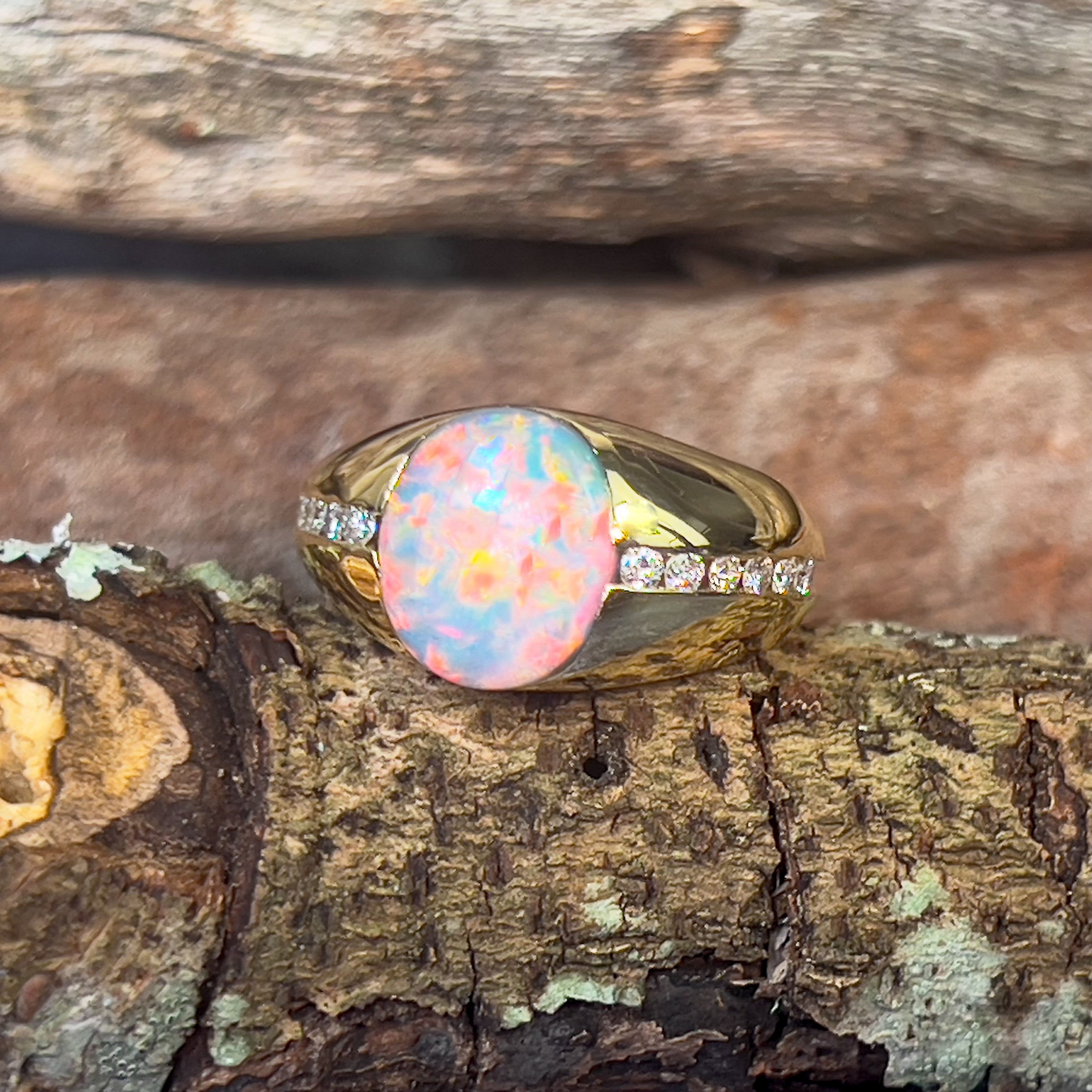 18kt Yellow Gold Black Opal 3.06ct signet style rub ring with diamonds - Masterpiece Jewellery Opal & Gems Sydney Australia | Online Shop