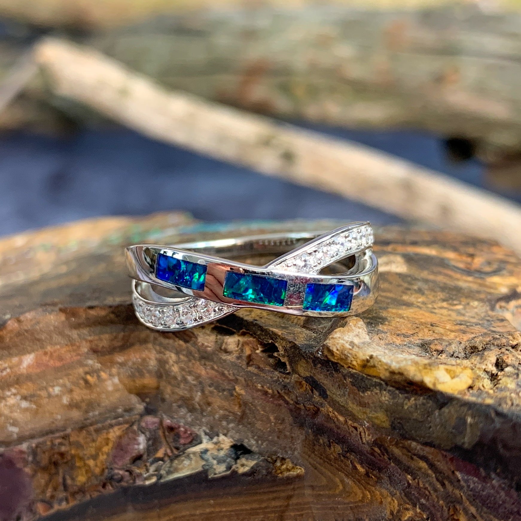 Sterling Silver Opal cross over inlay ring - Masterpiece Jewellery Opal & Gems Sydney Australia | Online Shop