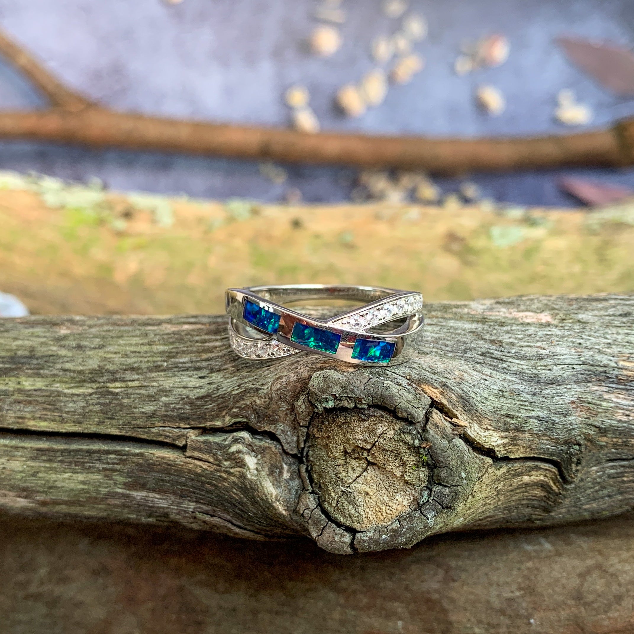 Sterling Silver Opal cross over inlay ring - Masterpiece Jewellery Opal & Gems Sydney Australia | Online Shop