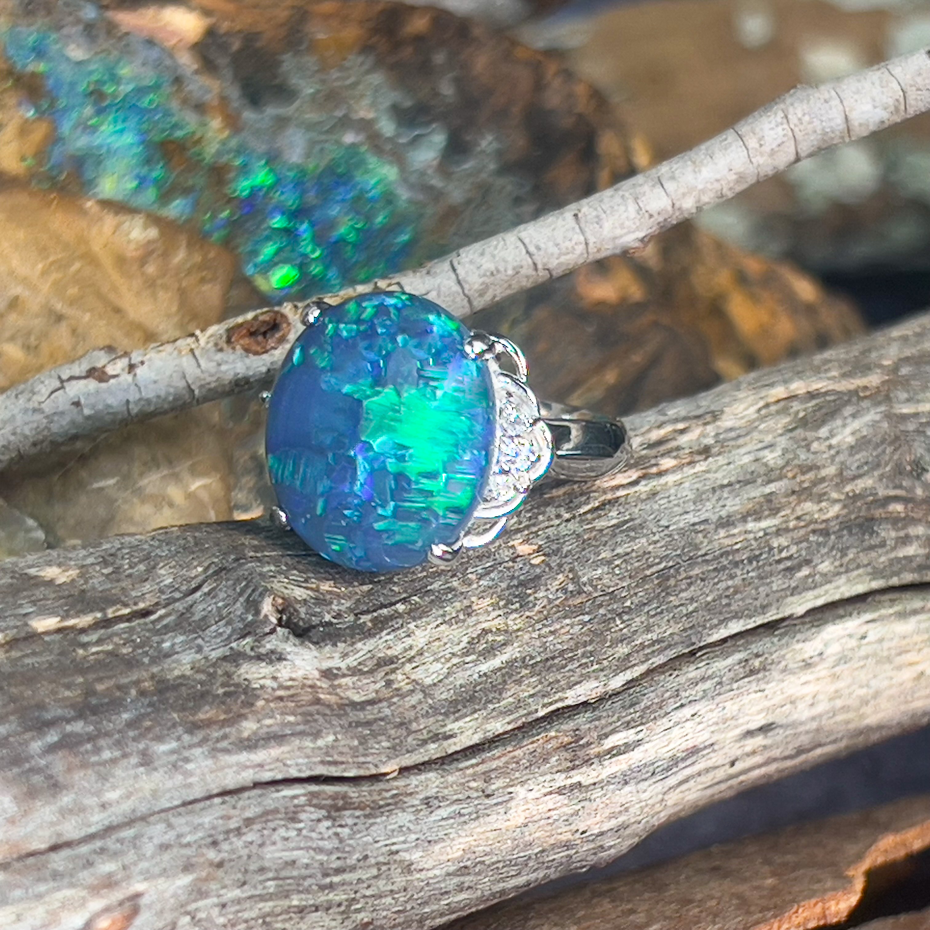 18kt White Gold Black Opal 7.42ct and diamond ring - Masterpiece Jewellery Opal & Gems Sydney Australia | Online Shop