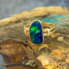 14kt Yellow Gold double row shank with one Opal doublet Blue Green and diamond ring - Masterpiece Jewellery Opal & Gems Sydney Australia | Online Shop