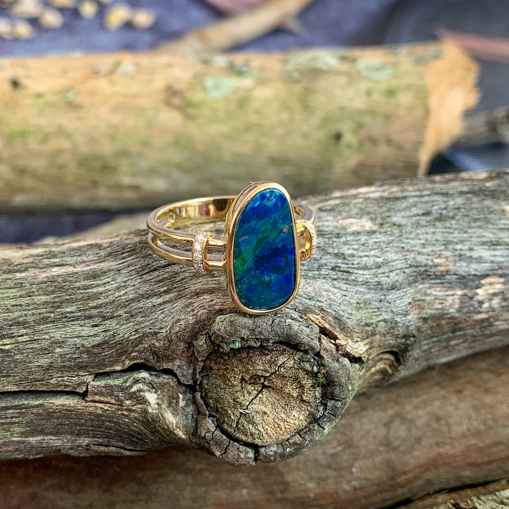 14kt Yellow Gold double row shank with one Opal doublet Blue Green and diamond ring - Masterpiece Jewellery Opal & Gems Sydney Australia | Online Shop