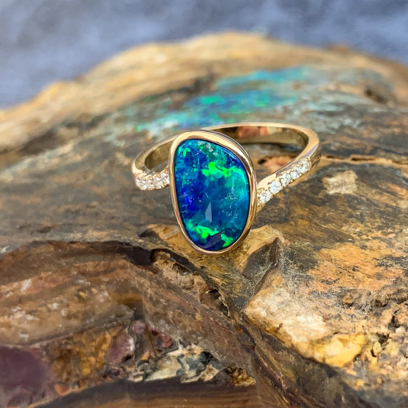 14kt Yellow Gold Opal Blue Green doublet and diamond ring - Masterpiece Jewellery Opal & Gems Sydney Australia | Online Shop