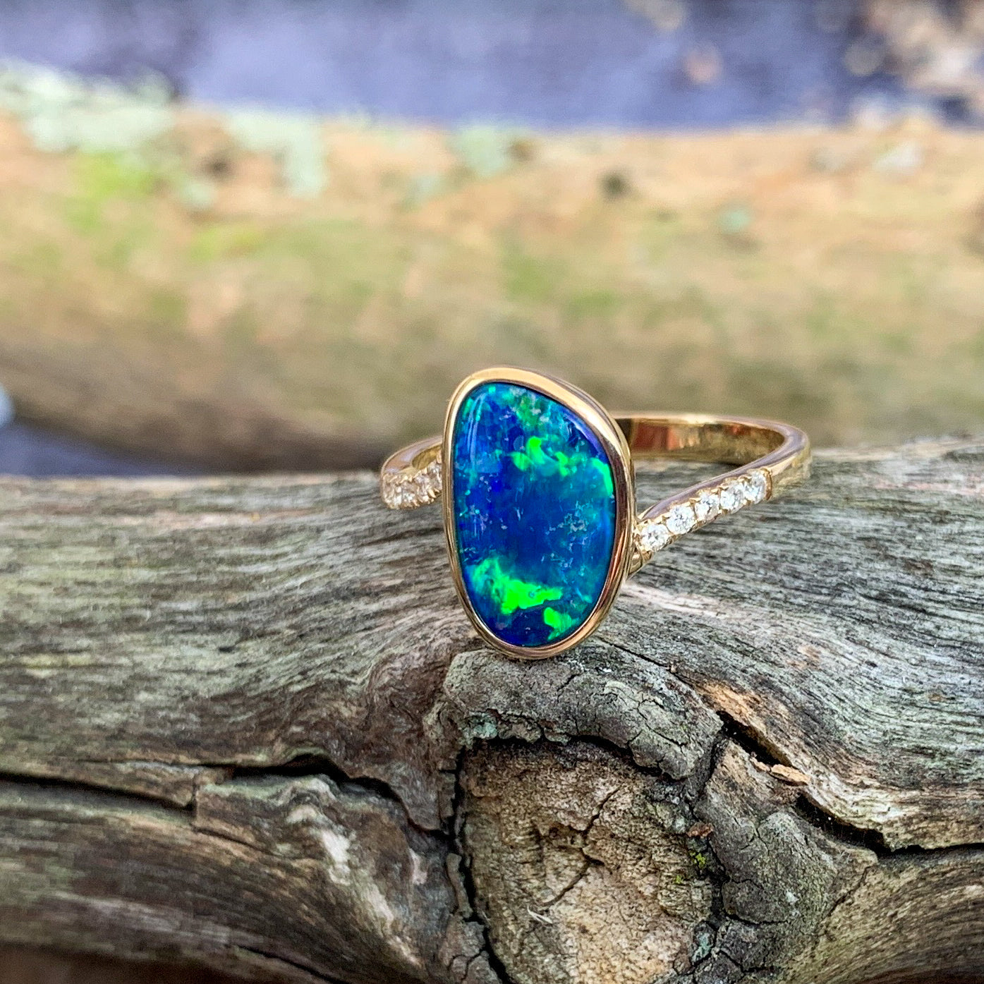 14kt Yellow Gold Opal Blue Green doublet and diamond ring - Masterpiece Jewellery Opal & Gems Sydney Australia | Online Shop