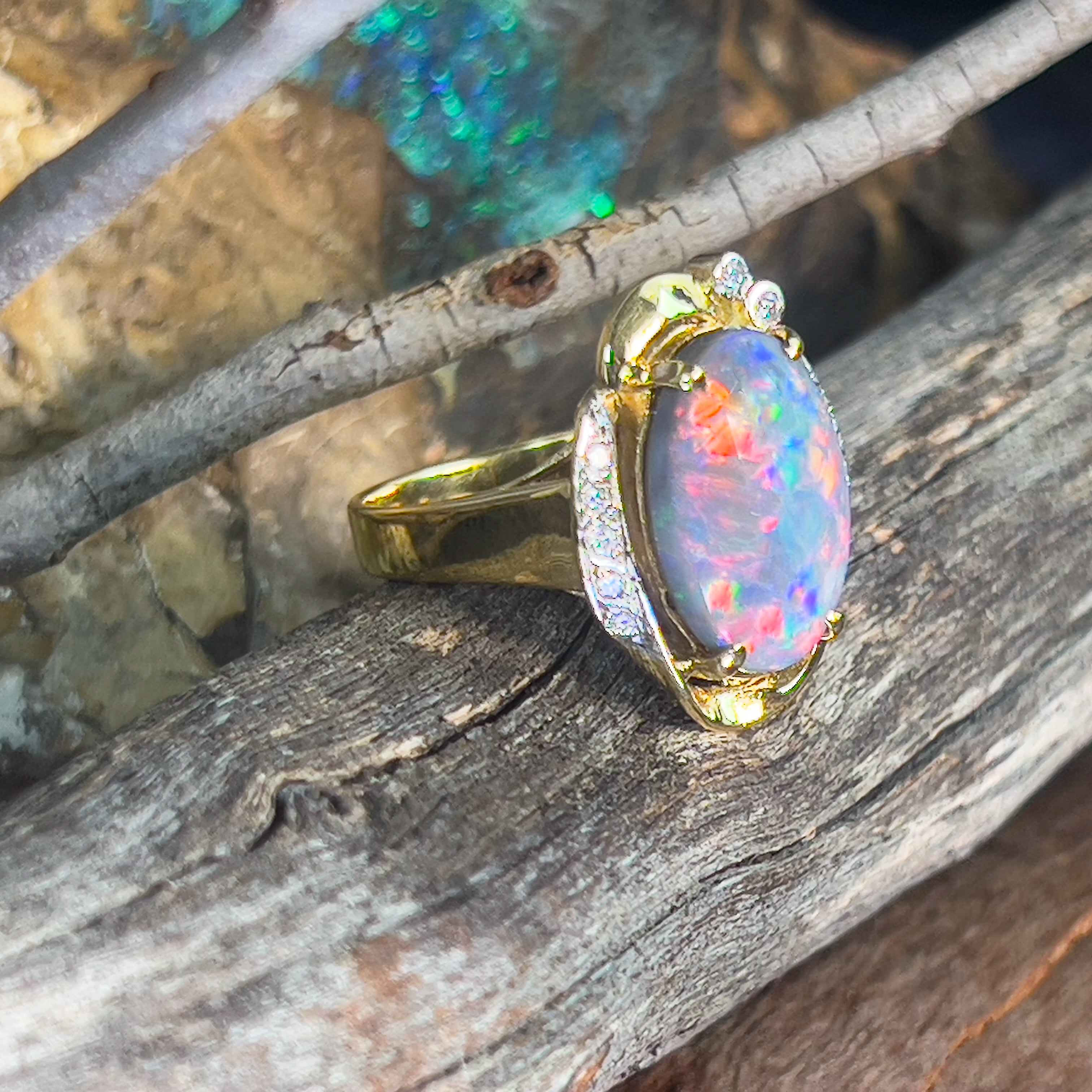 18kt Yellow Gold Black Opal Red flashes 4.86ct and diamond ring - Masterpiece Jewellery Opal & Gems Sydney Australia | Online Shop