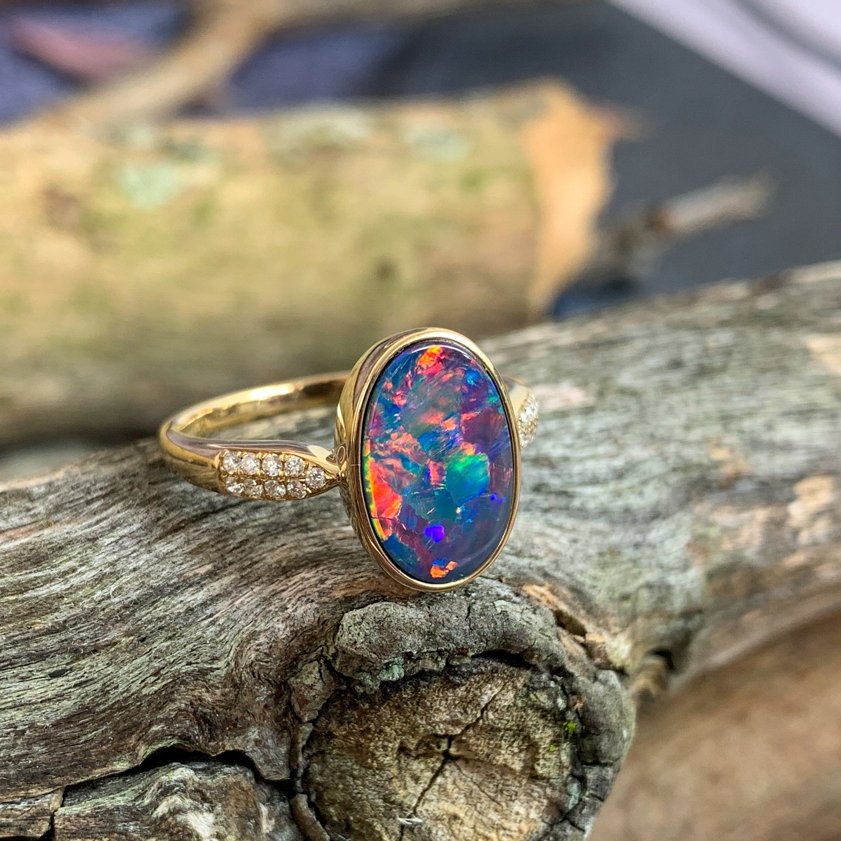 14kt Yellow Gold Oval Fire Opal doublet and diamond ring - Masterpiece Jewellery Opal & Gems Sydney Australia | Online Shop