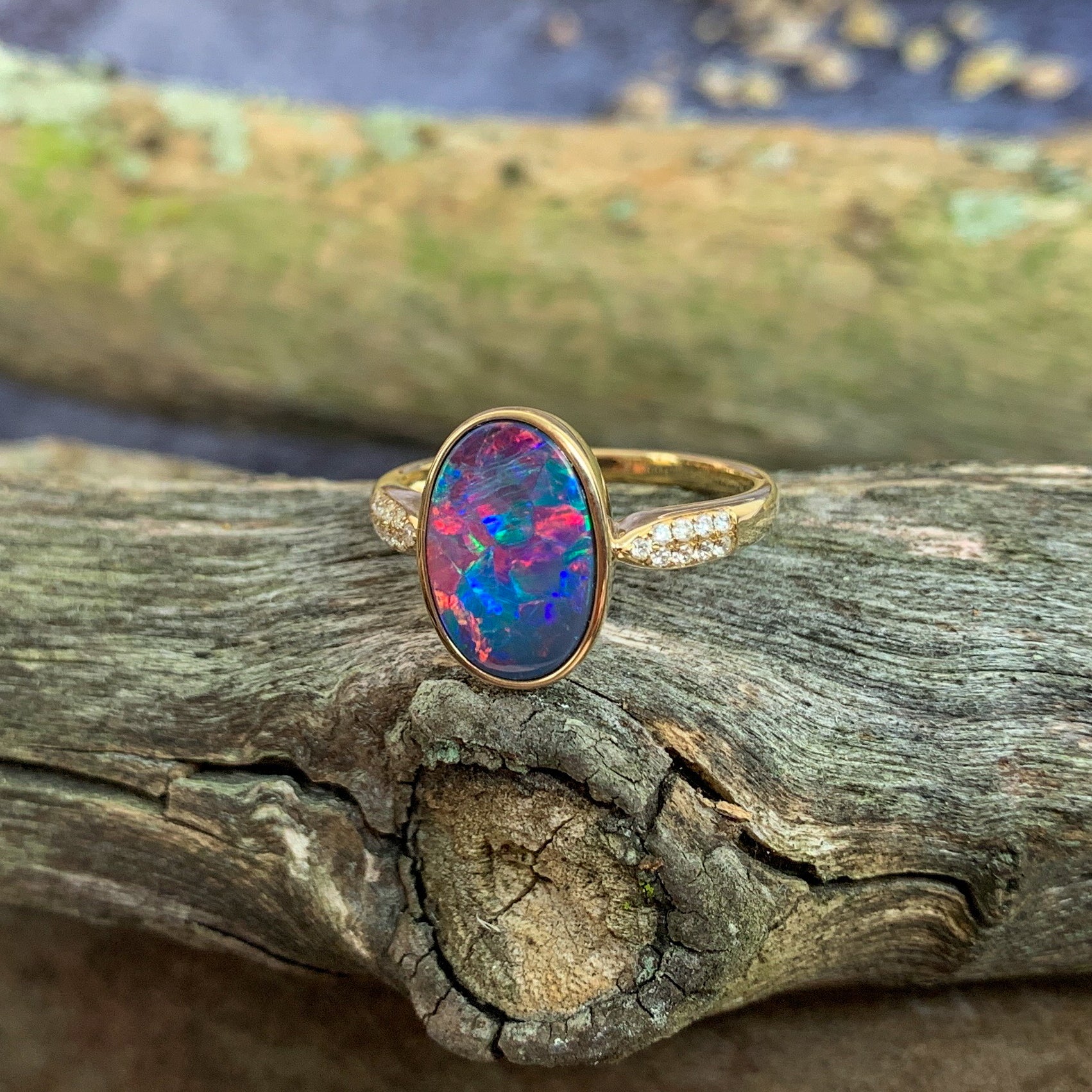 14kt Yellow Gold Oval Fire Opal doublet and diamond ring - Masterpiece Jewellery Opal & Gems Sydney Australia | Online Shop