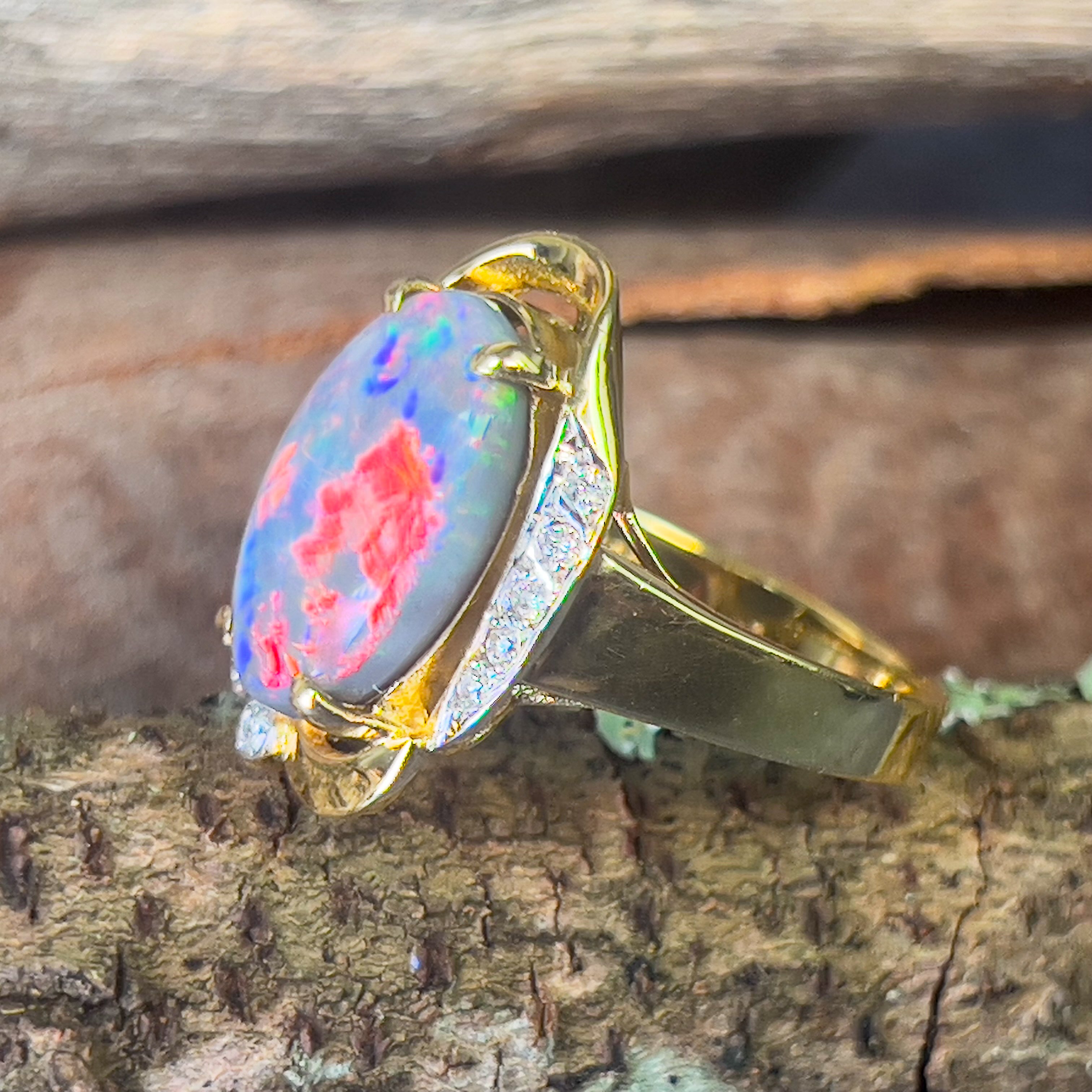 18kt Yellow Gold Black Opal Red flashes 4.86ct and diamond ring - Masterpiece Jewellery Opal & Gems Sydney Australia | Online Shop