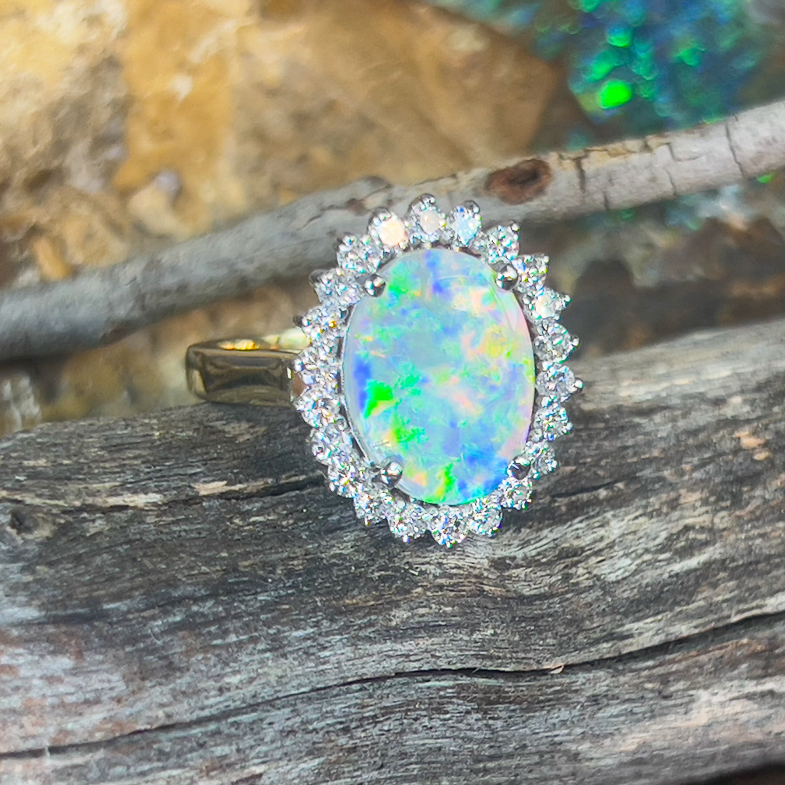 Platinum and 18kt Yellow Gold classic cluster ring with Black Opal and Diamonds - Masterpiece Jewellery Opal & Gems Sydney Australia | Online Shop