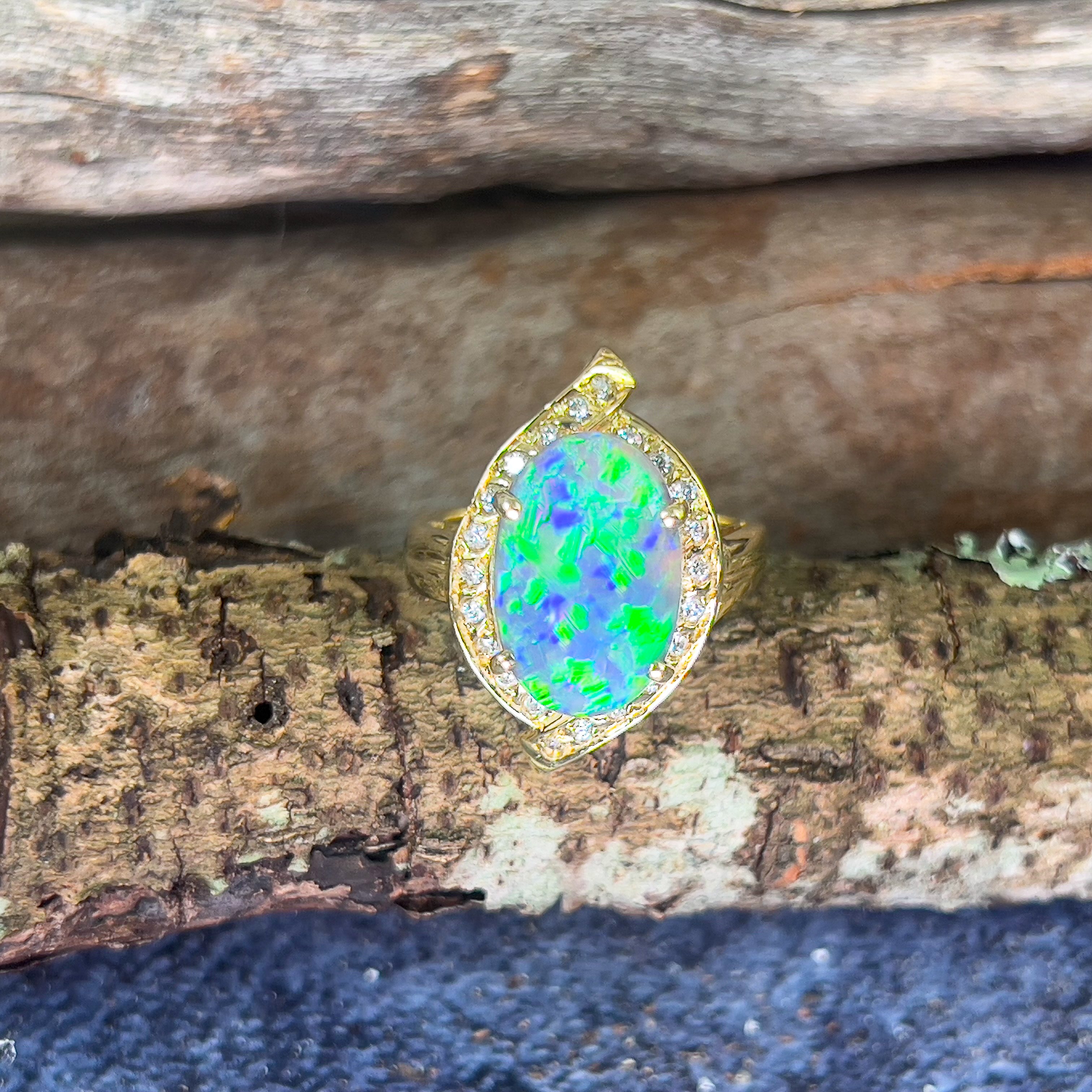 18kt Yellow Gold Black Opal 4ct Green Blue and diamond ring - Masterpiece Jewellery Opal & Gems Sydney Australia | Online Shop