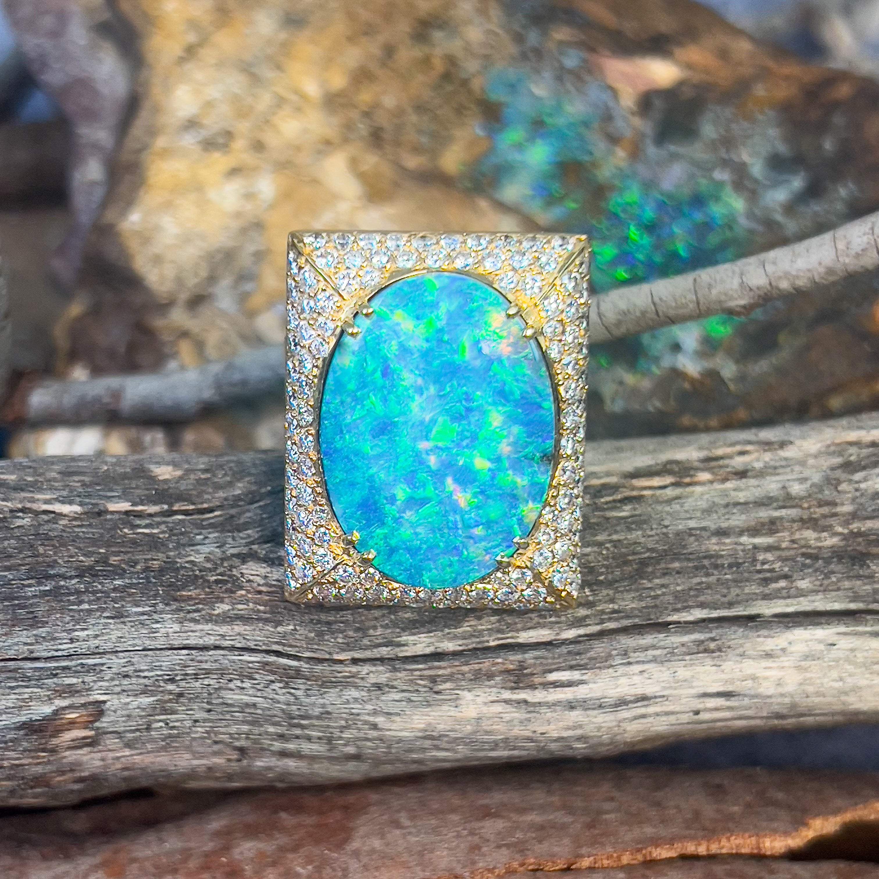 18kt Yellow Gold Boulder Opal 18.13ct and 2.13ct Diamond designer cluster ring - Masterpiece Jewellery Opal & Gems Sydney Australia | Online Shop