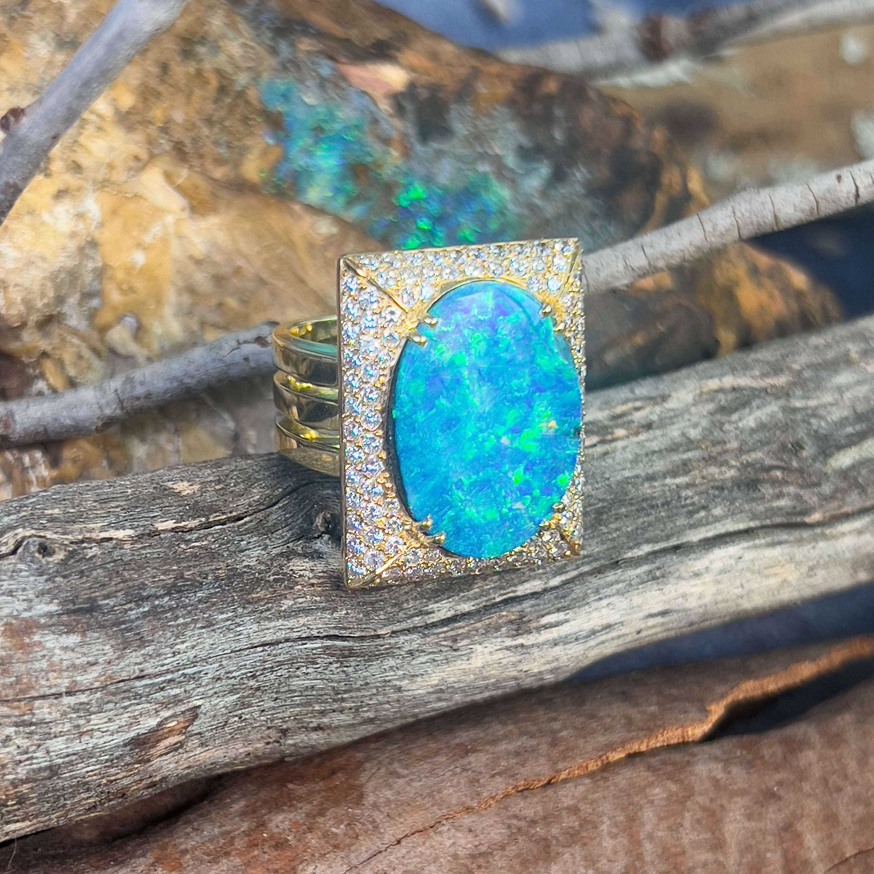 18kt Yellow Gold Boulder Opal 18.13ct and 2.13ct Diamond designer cluster ring - Masterpiece Jewellery Opal & Gems Sydney Australia | Online Shop