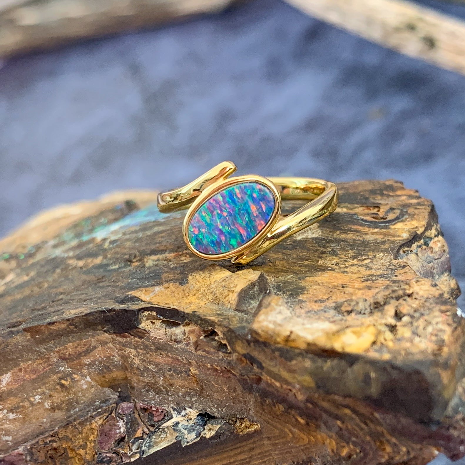 Gold plate sterling silver oval shape opal doublet ring - Masterpiece Jewellery Opal & Gems Sydney Australia | Online Shop