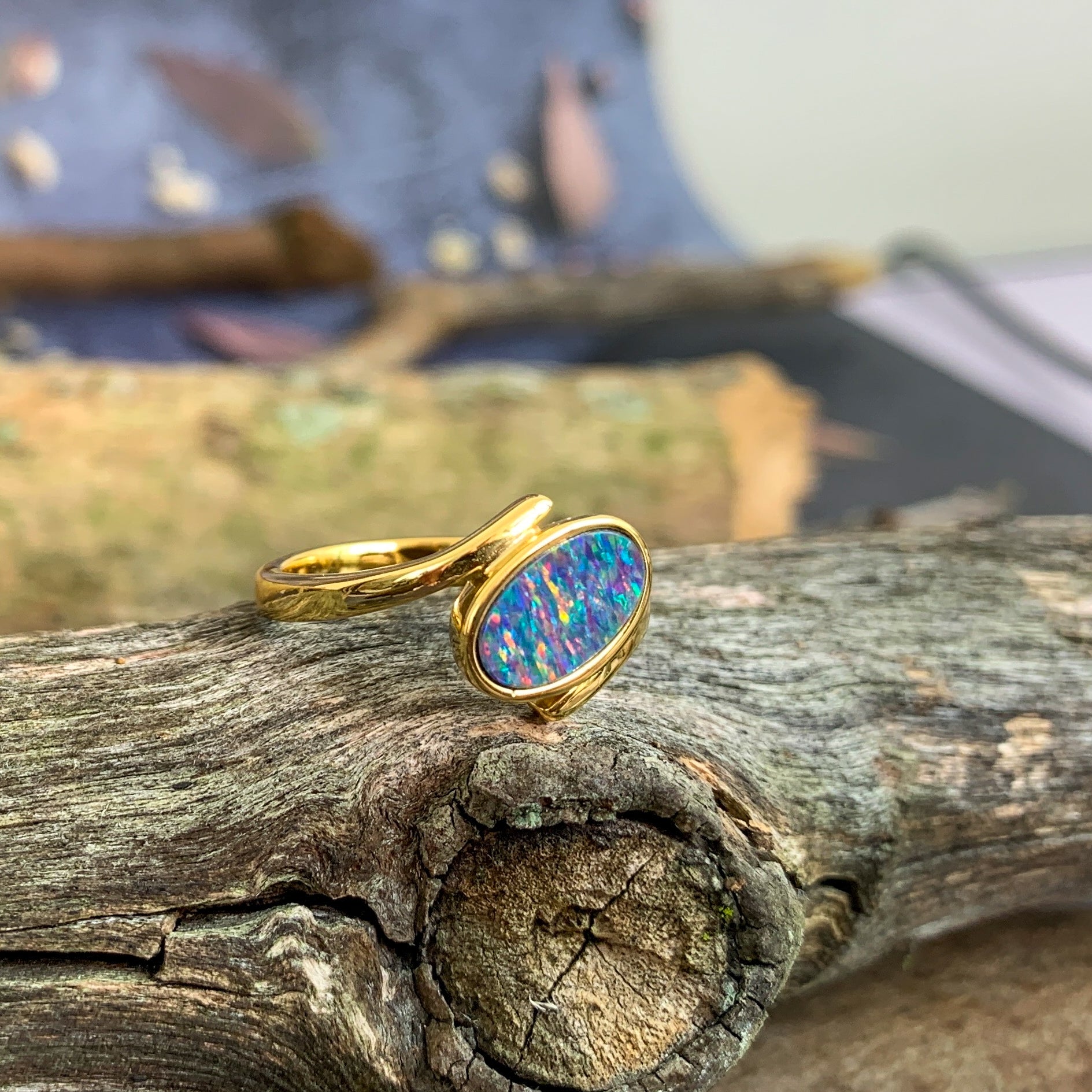 Gold plate sterling silver oval shape opal doublet ring - Masterpiece Jewellery Opal & Gems Sydney Australia | Online Shop