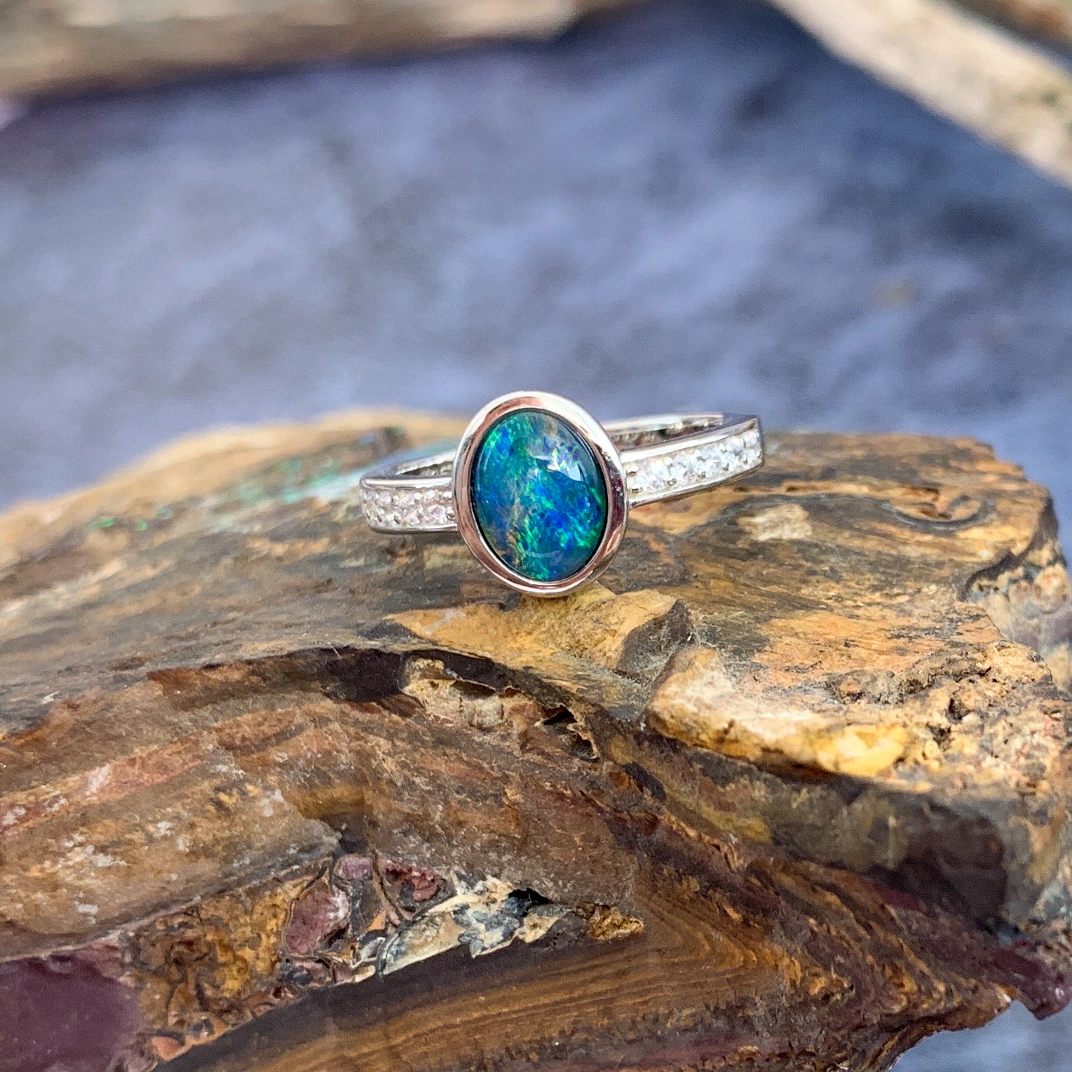 Sterling Silver Opal triplet oval and cubic zirconia ring - Masterpiece Jewellery Opal & Gems Sydney Australia | Online Shop