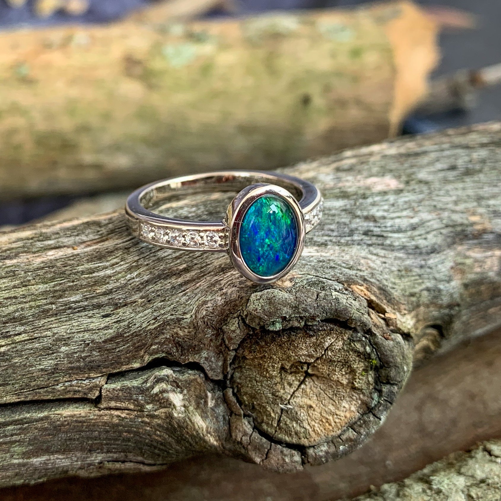 Sterling Silver Opal triplet oval and cubic zirconia ring - Masterpiece Jewellery Opal & Gems Sydney Australia | Online Shop