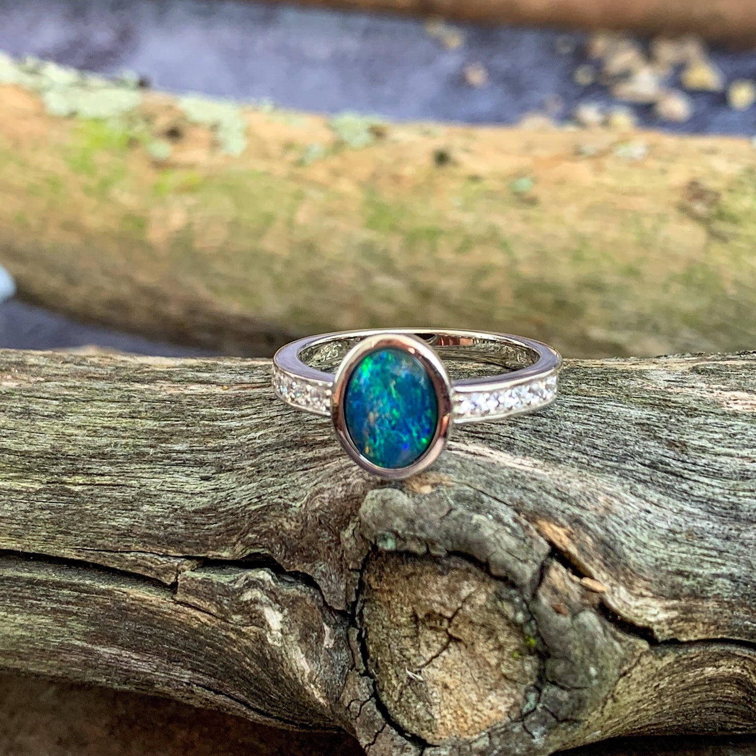 Sterling Silver Opal triplet oval and cubic zirconia ring - Masterpiece Jewellery Opal & Gems Sydney Australia | Online Shop