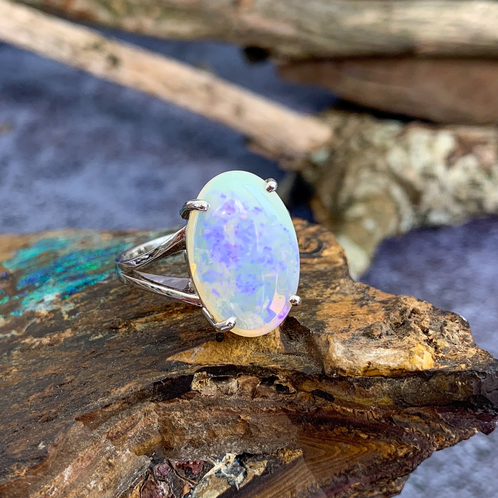 9kt White Gold split shank solitaire ring with 4.8ct Light Opal - Masterpiece Jewellery Opal & Gems Sydney Australia | Online Shop