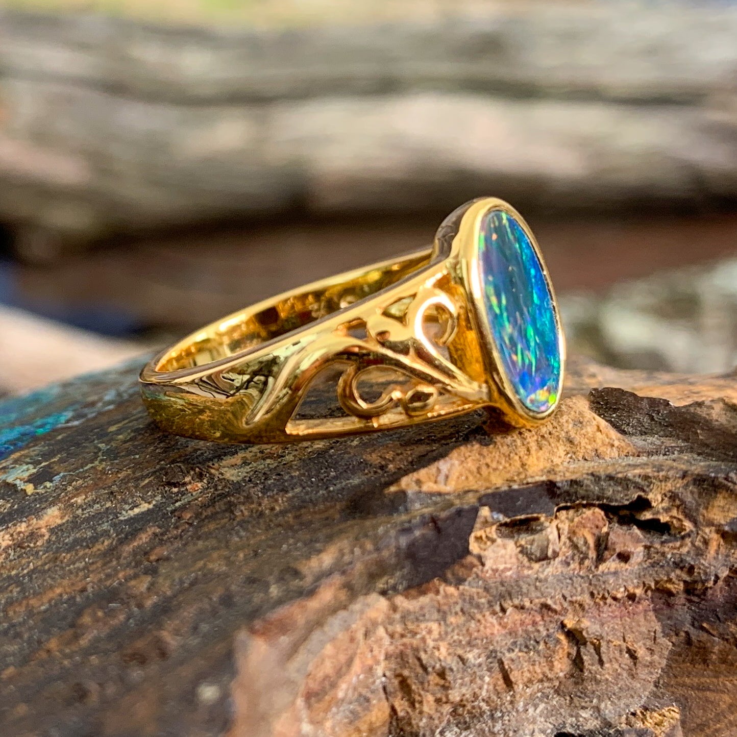 Gold Plated Silver patterned Oval Opal doublet ring - Masterpiece Jewellery Opal & Gems Sydney Australia | Online Shop