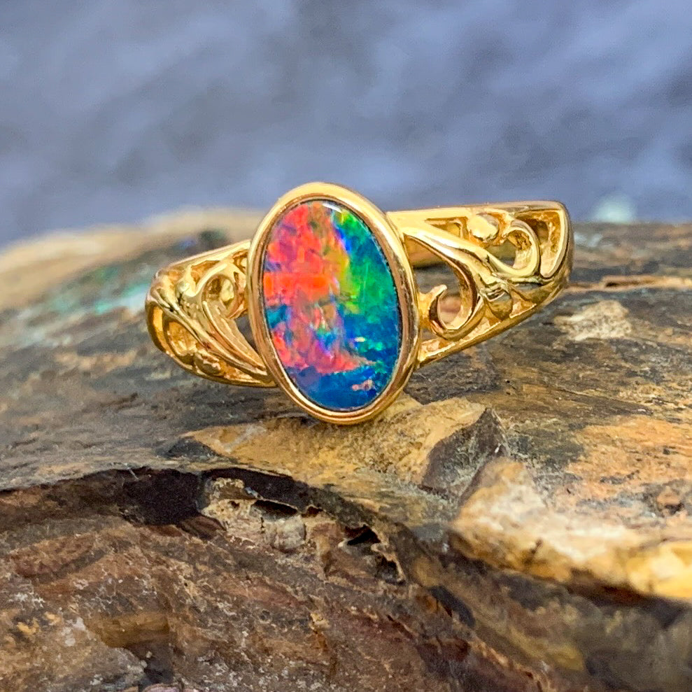 Gold Plated Silver patterned Oval Opal doublet ring - Masterpiece Jewellery Opal & Gems Sydney Australia | Online Shop