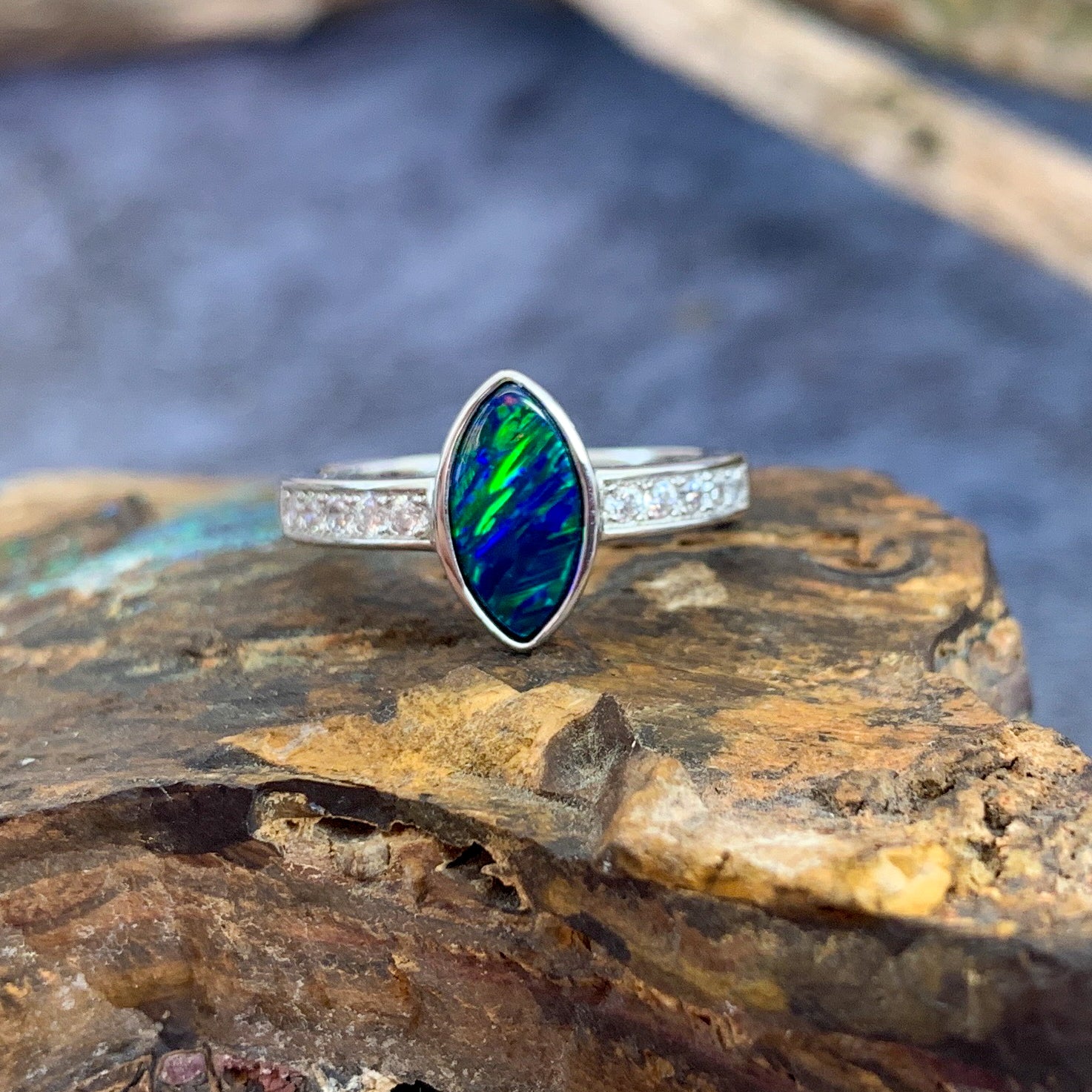 Sterling Silver Marquise shape Opal doublet and cubic zirconia ring - Masterpiece Jewellery Opal & Gems Sydney Australia | Online Shop