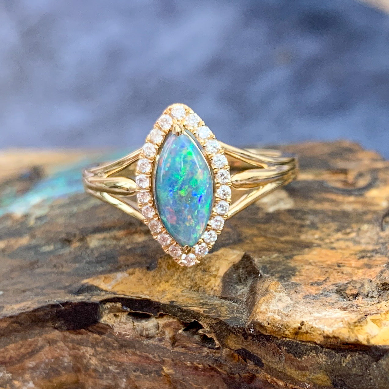 18kt Yellow Gold marquise shape cluster and Black Opal ring - Masterpiece Jewellery Opal & Gems Sydney Australia | Online Shop