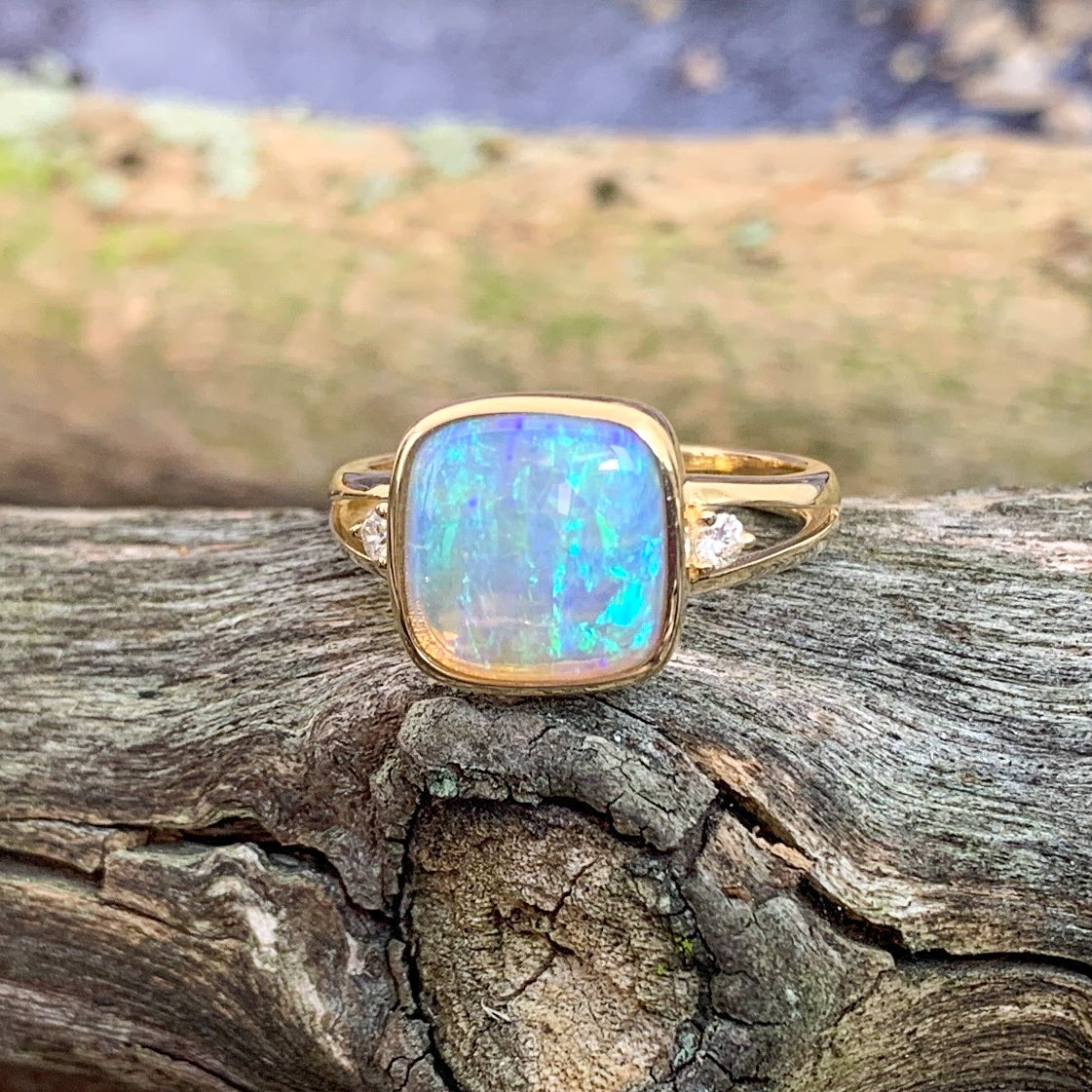 14kt Yellow Gold square Crystal Opal and diamond ring - Masterpiece Jewellery Opal & Gems Sydney Australia | Online Shop