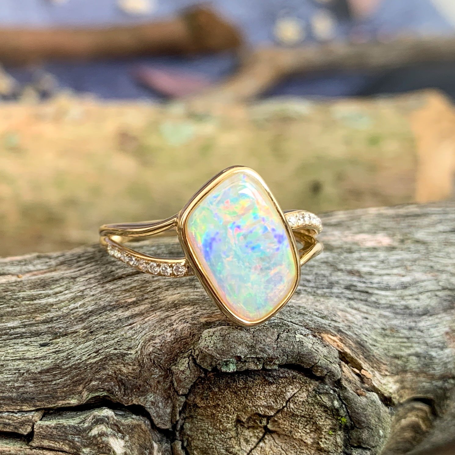 14kt Yellow Gold wave split shank White Opal ring - Masterpiece Jewellery Opal & Gems Sydney Australia | Online Shop