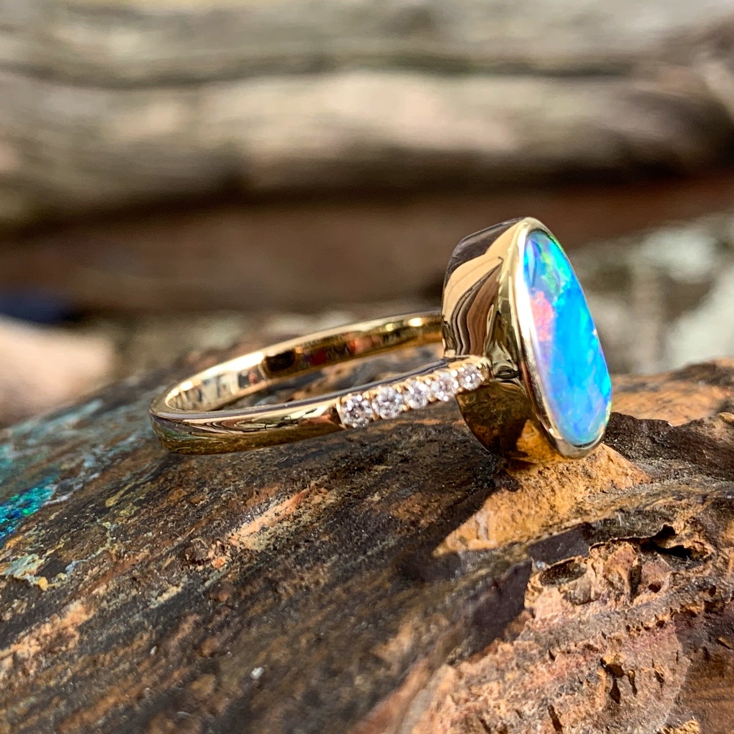 14kt Yellow Gold Opal doublet red green flash and diamond band ring - Masterpiece Jewellery Opal & Gems Sydney Australia | Online Shop