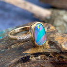 14kt Yellow Gold Opal doublet red green flash and diamond band ring - Masterpiece Jewellery Opal & Gems Sydney Australia | Online Shop