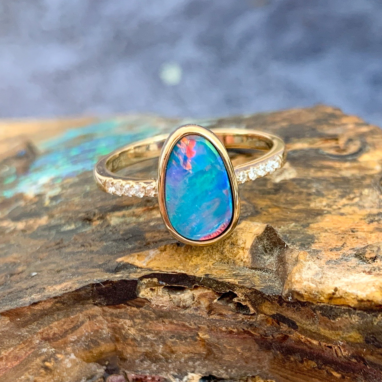 14kt Yellow Gold Opal doublet red green flash and diamond band ring - Masterpiece Jewellery Opal & Gems Sydney Australia | Online Shop