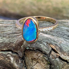 14kt Yellow Gold Opal doublet red green flash and diamond band ring - Masterpiece Jewellery Opal & Gems Sydney Australia | Online Shop