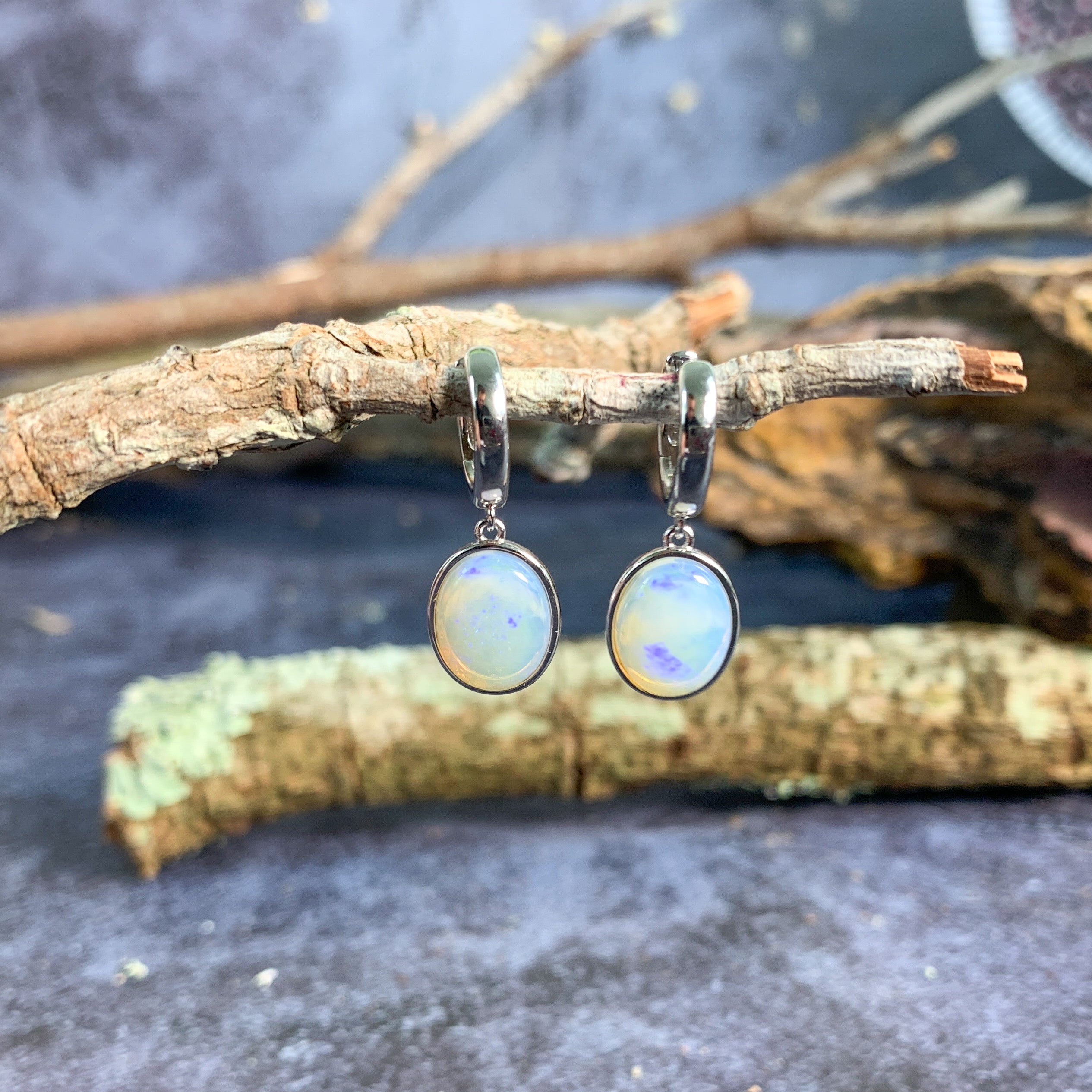 Sterling Silver dangling White Opal 10x8mm pair of Huggies - Masterpiece Jewellery Opal & Gems Sydney Australia | Online Shop