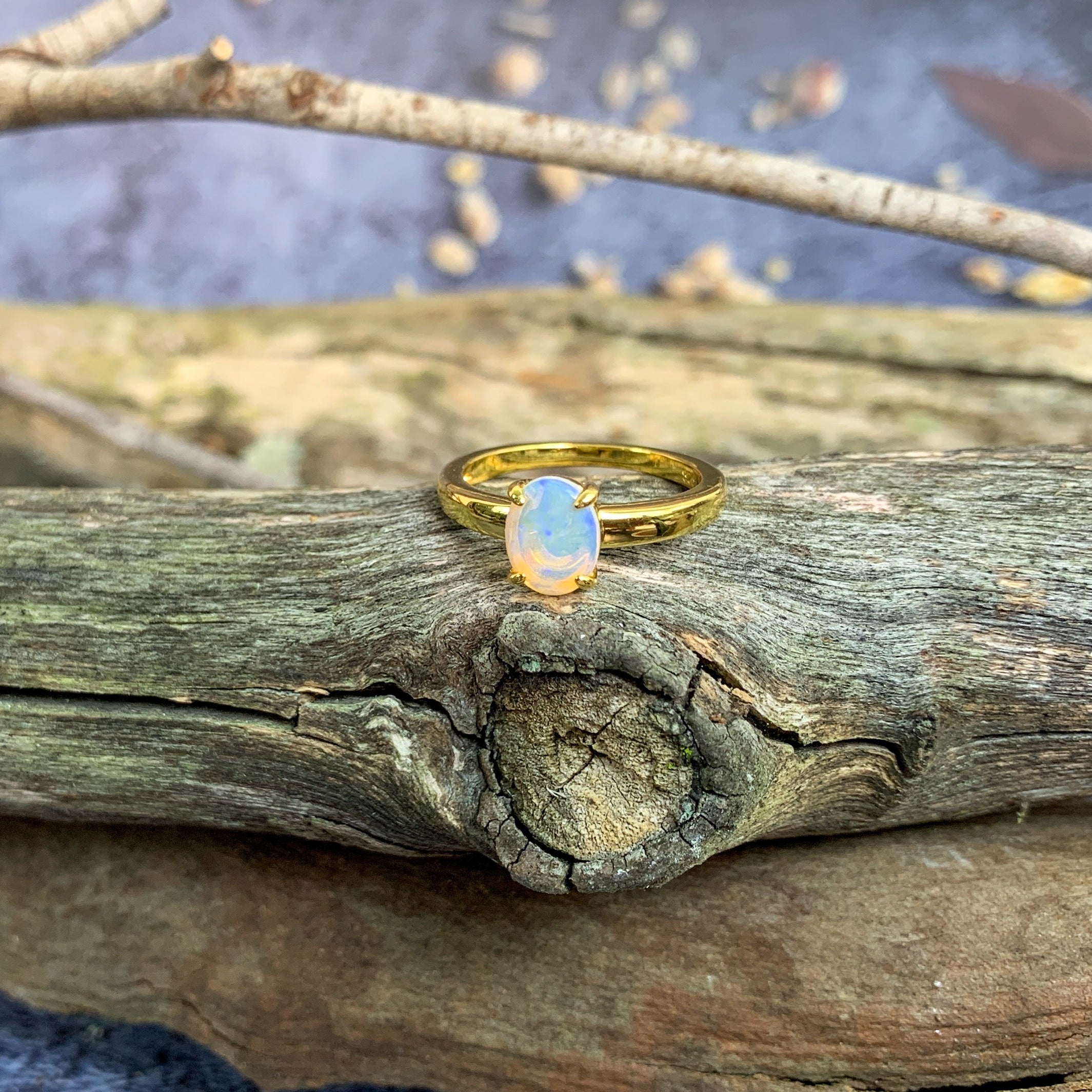 Gold plated silver White Opal 8x6mm solitaire ring - Masterpiece Jewellery Opal & Gems Sydney Australia | Online Shop