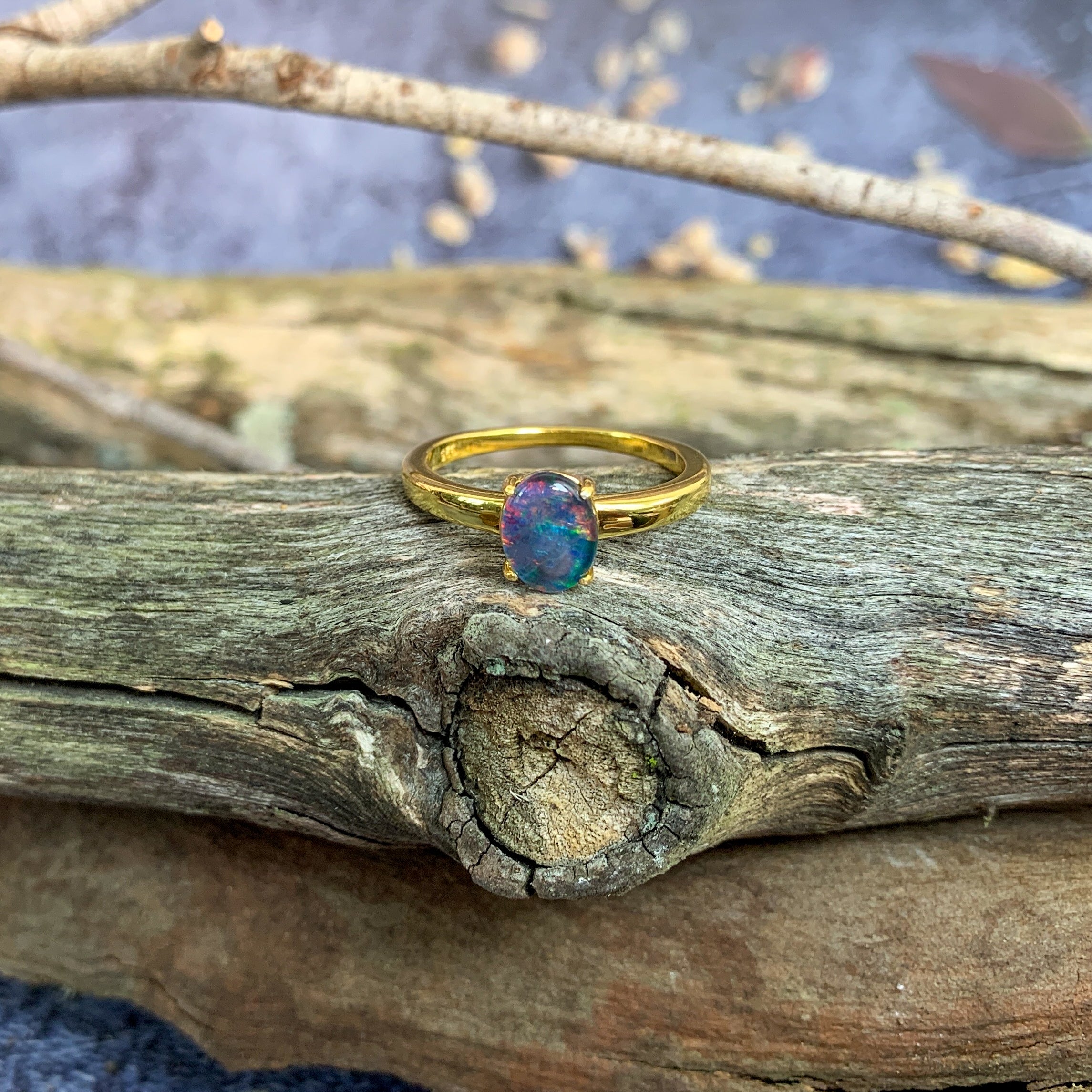 Gold Plated silver solitaire 8x6mm Opal triplet ring - Masterpiece Jewellery Opal & Gems Sydney Australia | Online Shop