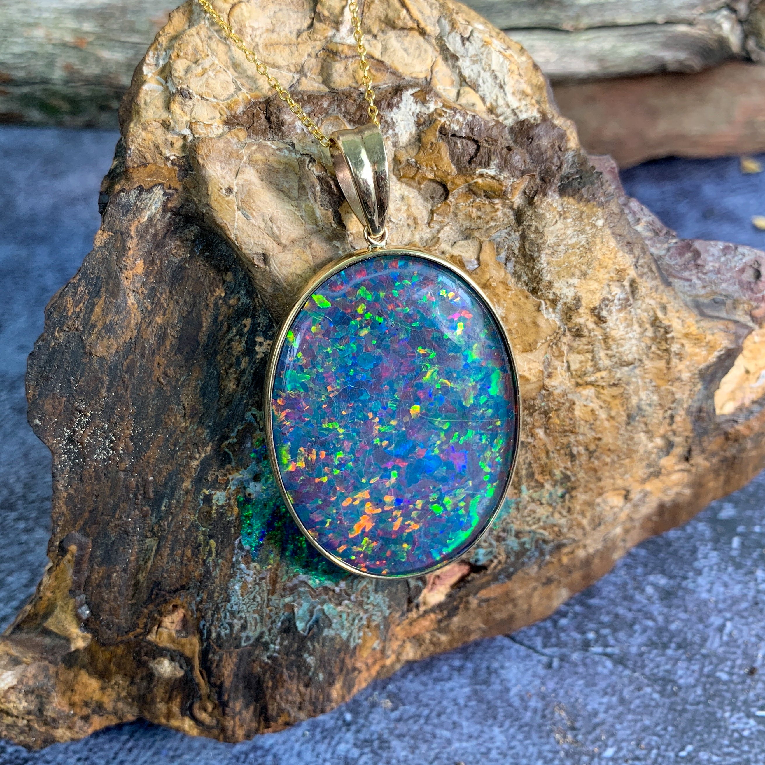 9kt Yellow Gold Opal bezel set 40x30mm vertical pendant - Masterpiece Jewellery Opal & Gems Sydney Australia | Online Shop