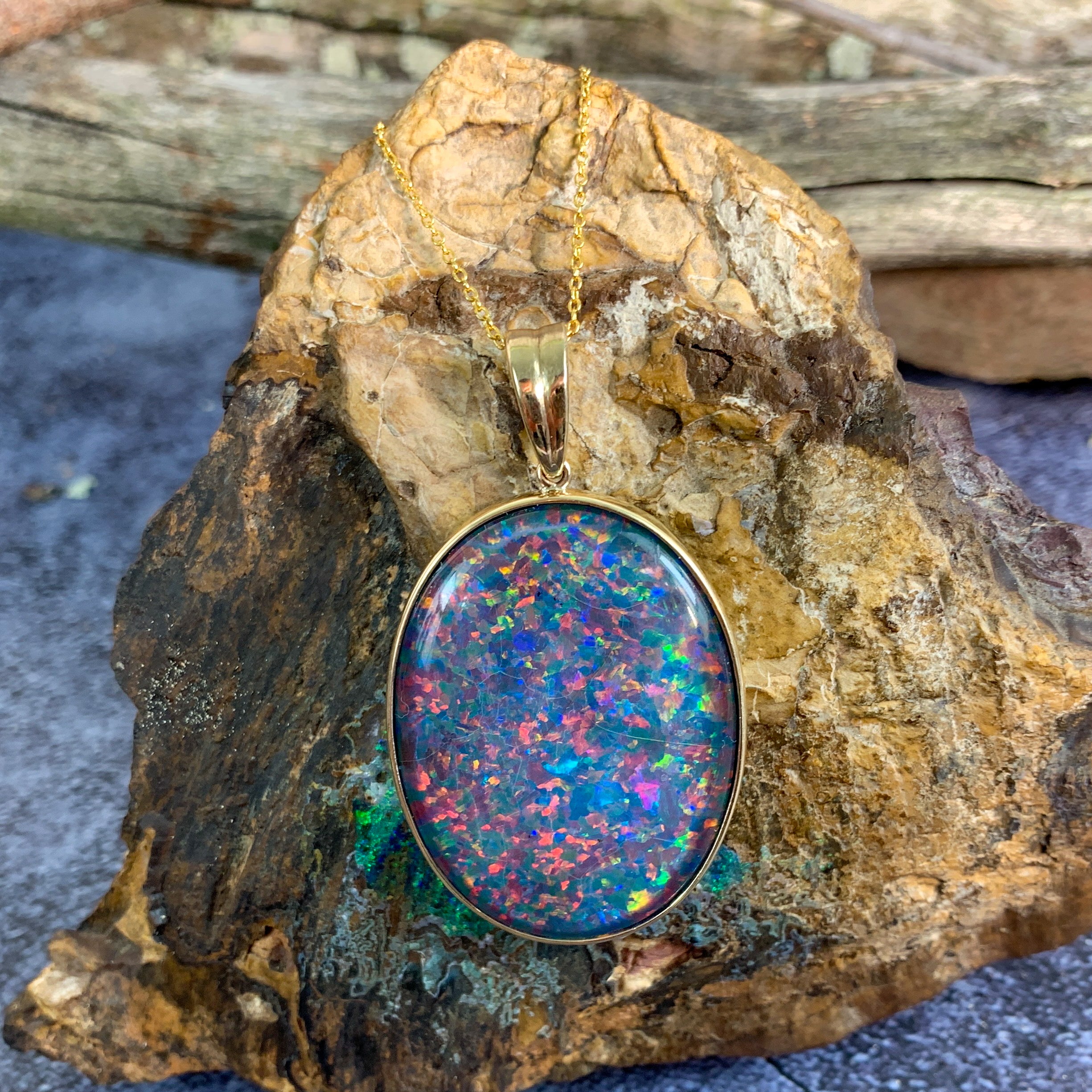 9kt Yellow Gold Opal bezel set 40x30mm vertical pendant - Masterpiece Jewellery Opal & Gems Sydney Australia | Online Shop