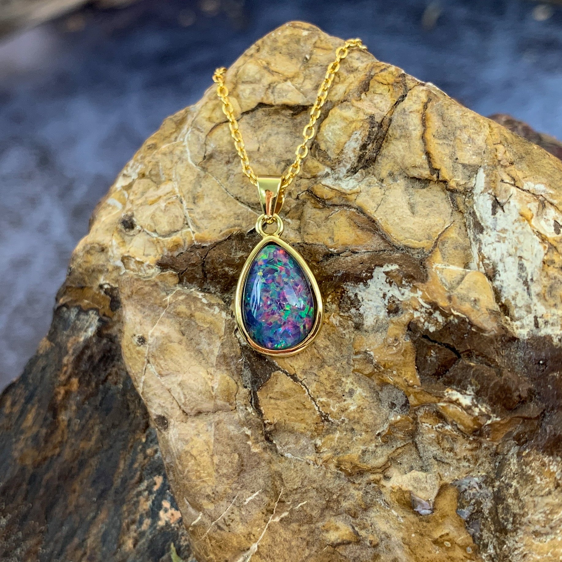 One Gold Plated 10x7mm pearshape Opal triplet bezel set pendant - Masterpiece Jewellery Opal & Gems Sydney Australia | Online Shop