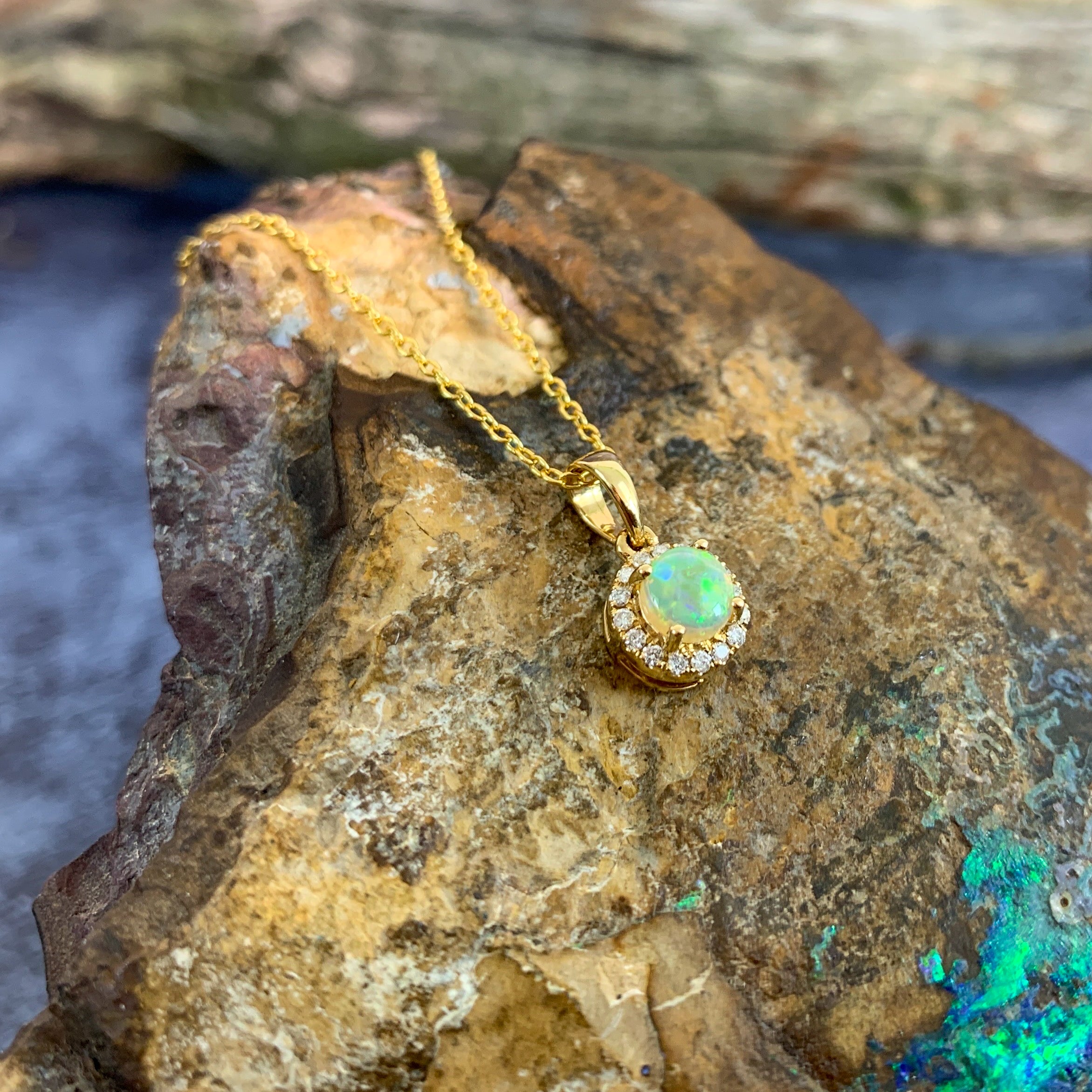 18kt Yellow Gold round Opal halo pendant - Masterpiece Jewellery Opal & Gems Sydney Australia | Online Shop