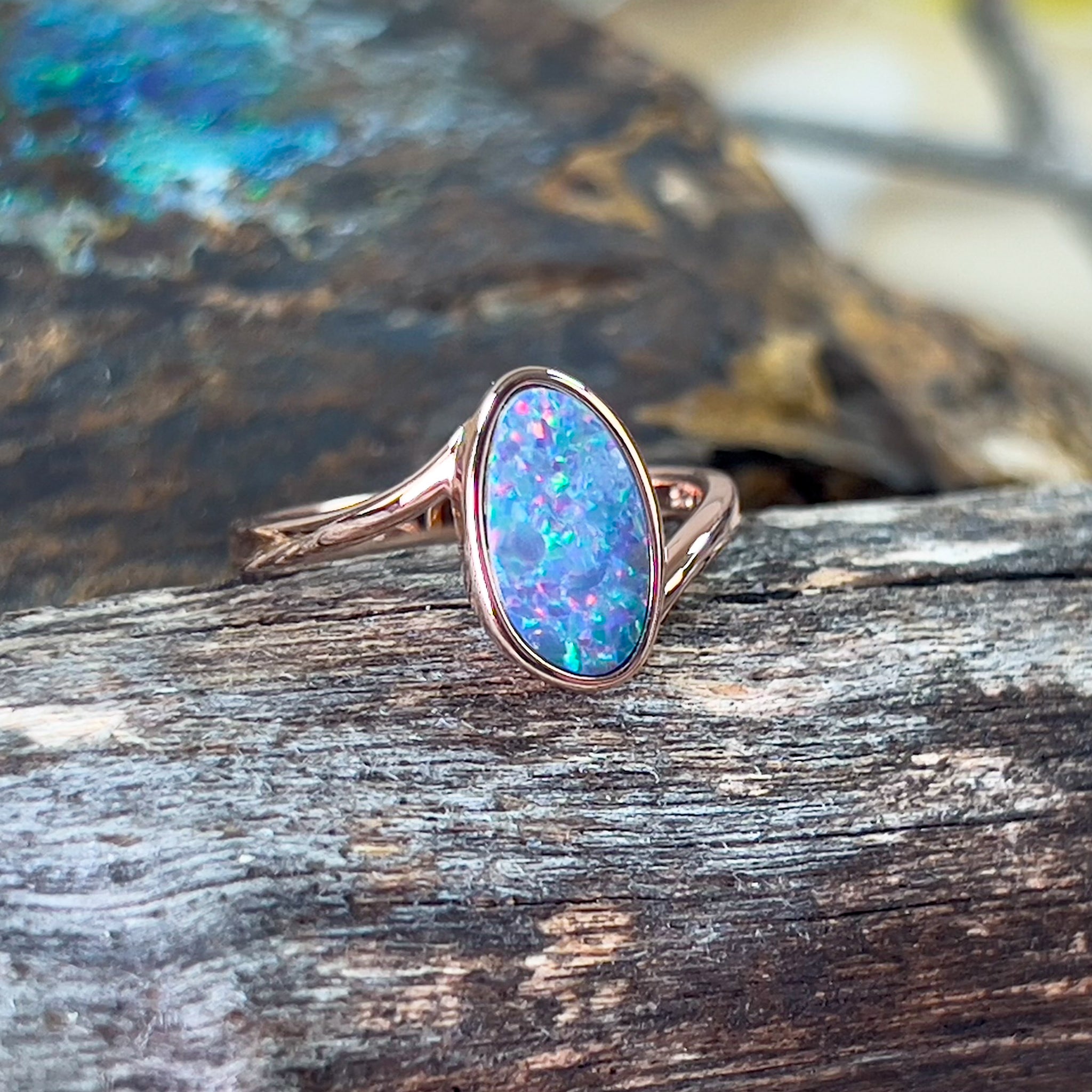 Rose Gold plated split shank Opal doublet ring - Masterpiece Jewellery Opal & Gems Sydney Australia | Online Shop