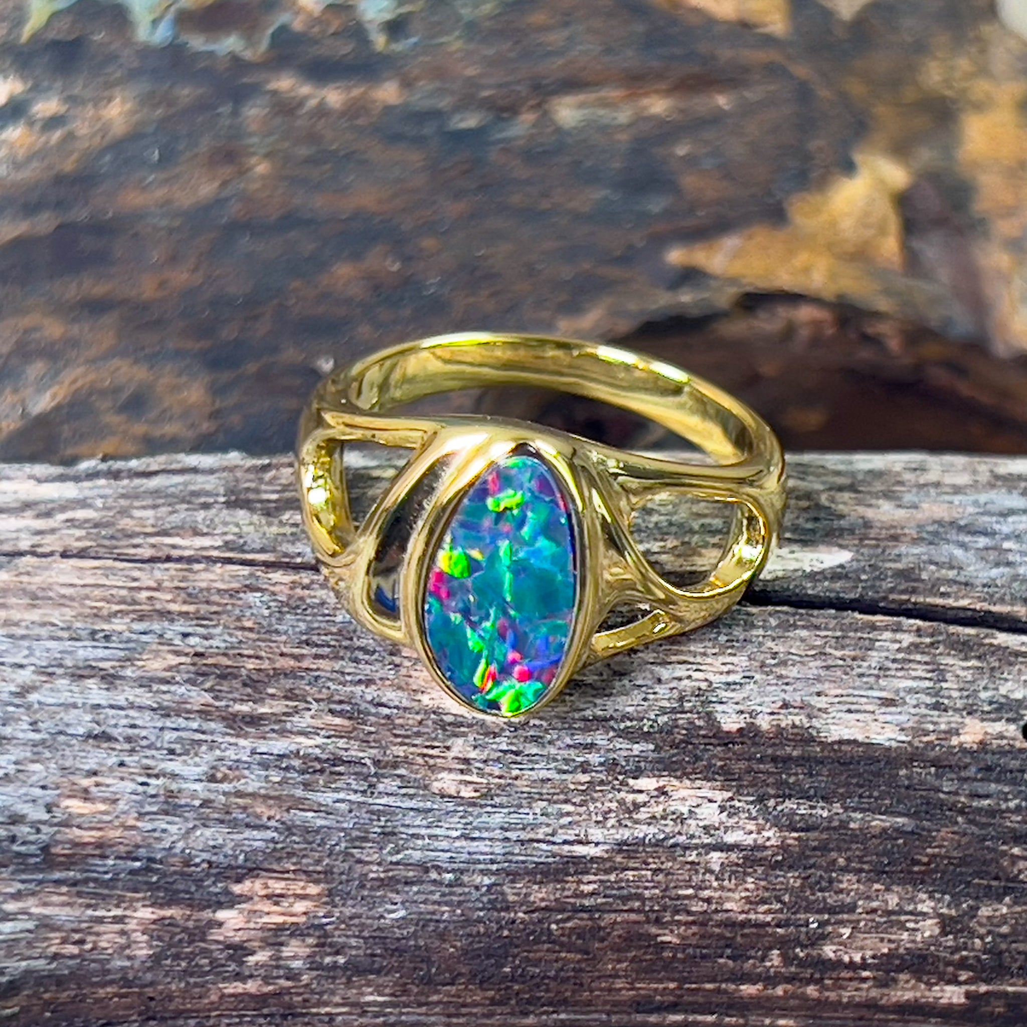 Gold plated sterling silver cut out band Opal doublet ring - Masterpiece Jewellery Opal & Gems Sydney Australia | Online Shop